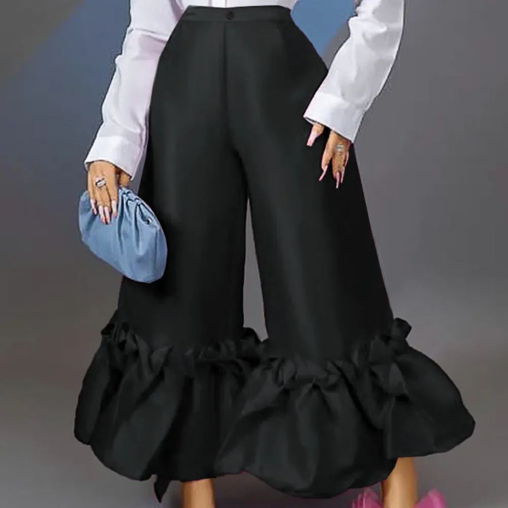 High Waist Flare Leg Ruffle Wide Leg Pants