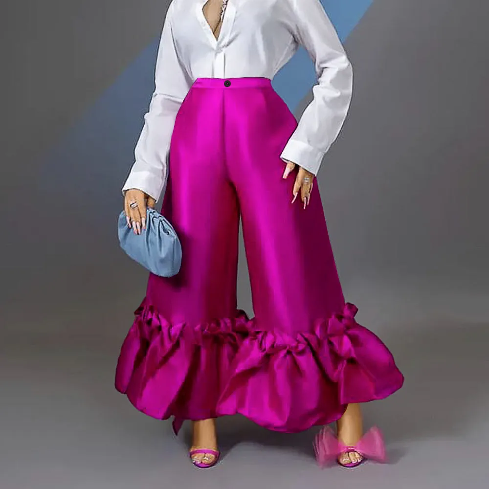High Waist Flare Leg Ruffle Wide Leg Pants