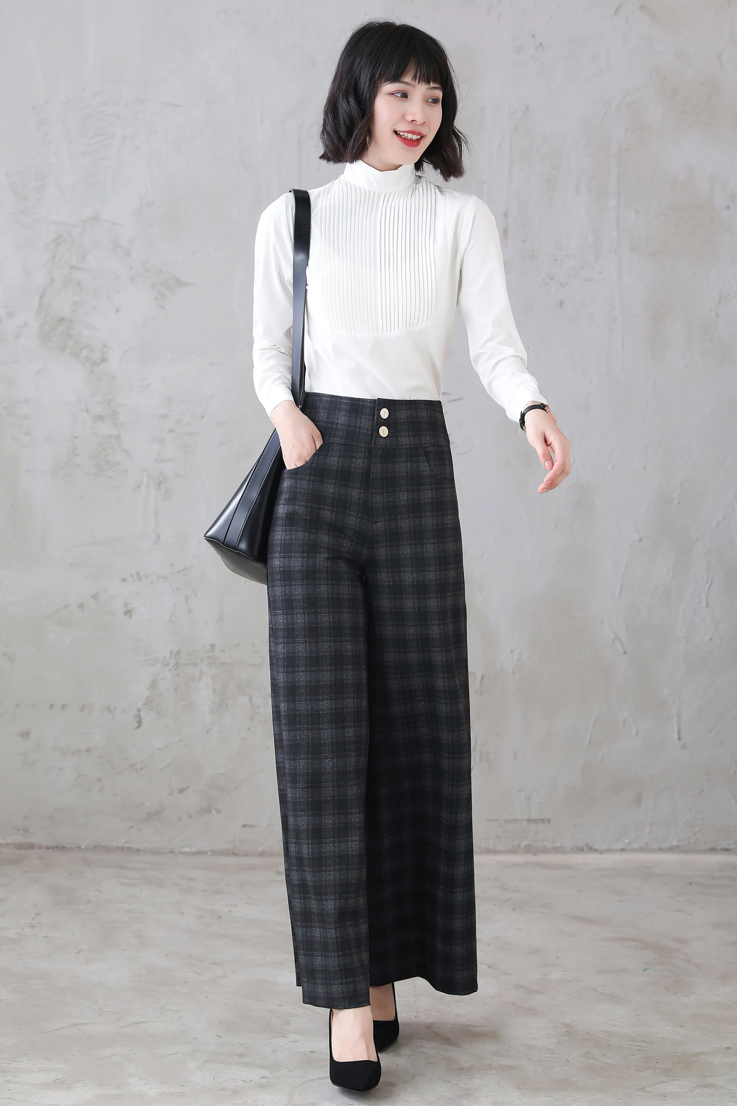 High Waist Women's Plaid Straight Wide Leg Pants 5402