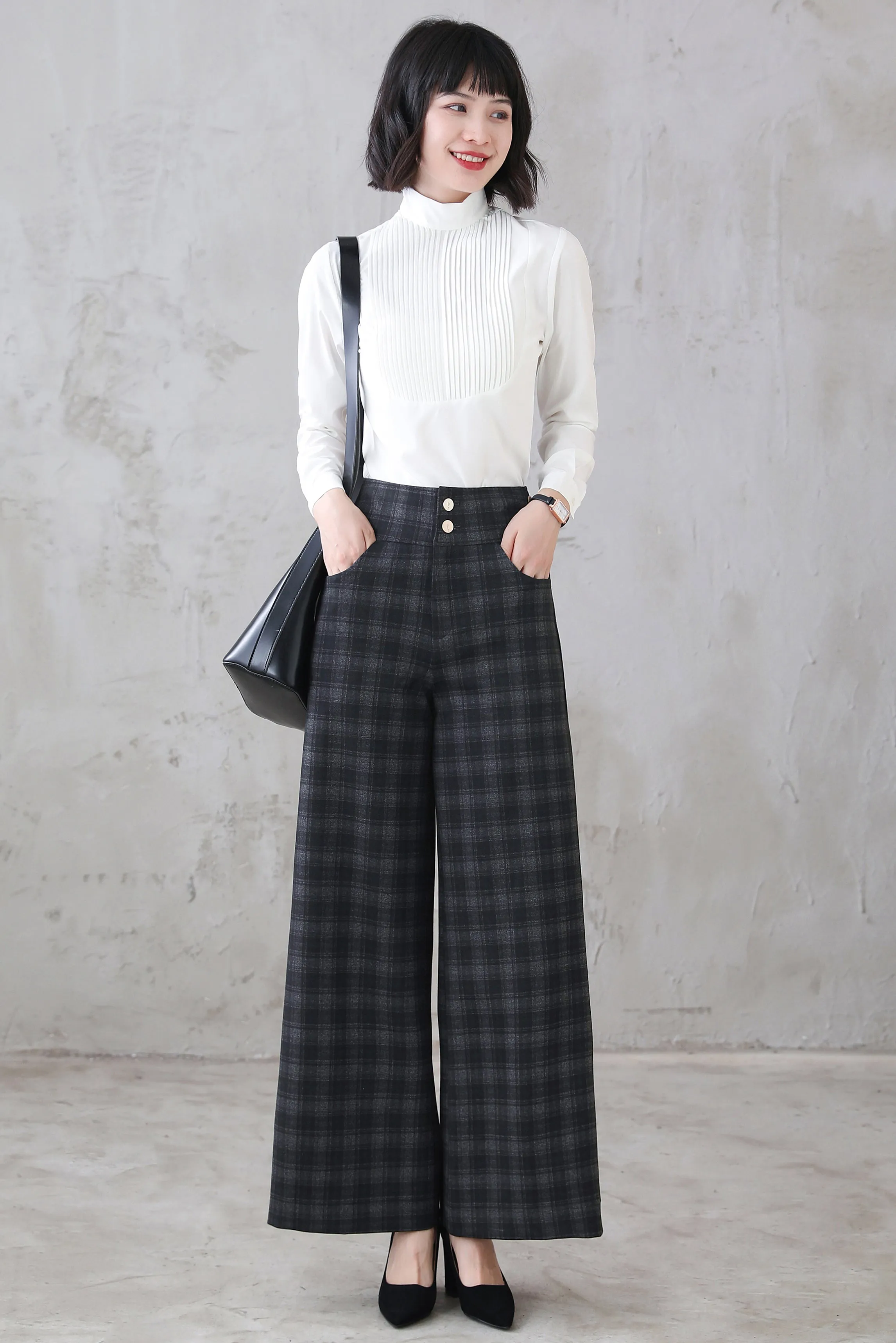 High Waist Women's Plaid Straight Wide Leg Pants 5402
