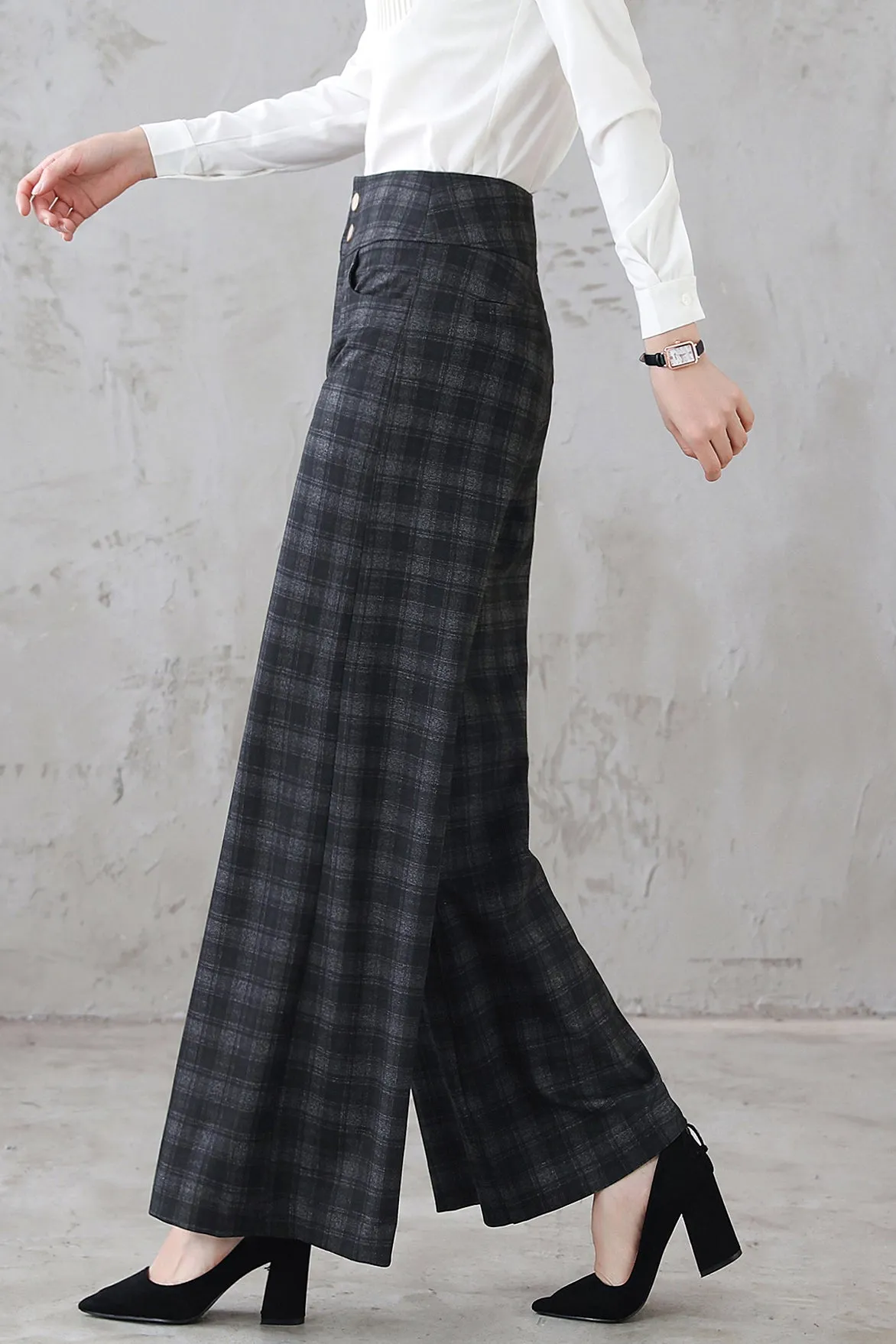High Waist Women's Plaid Straight Wide Leg Pants 5402