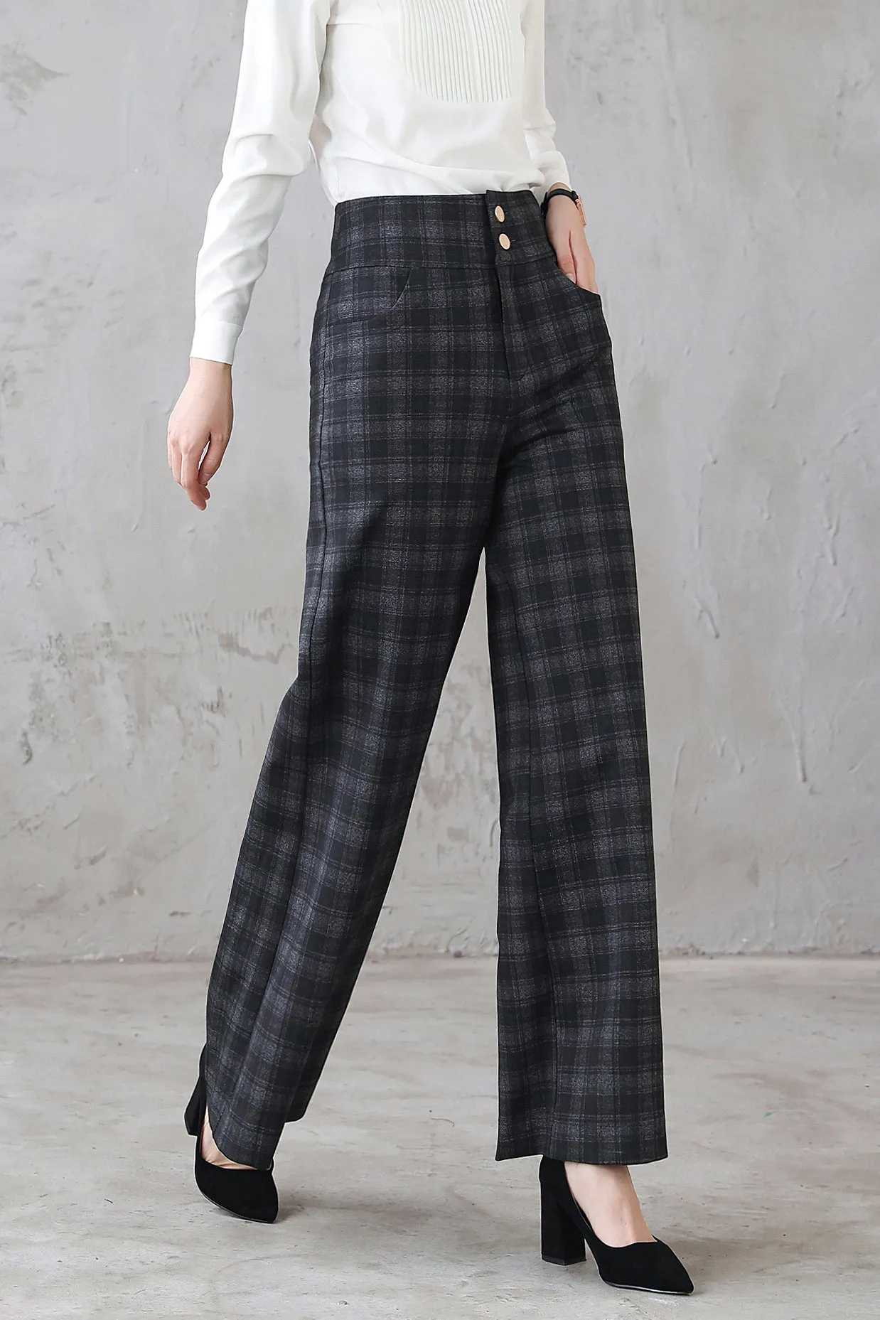 High Waist Women's Plaid Straight Wide Leg Pants 5402