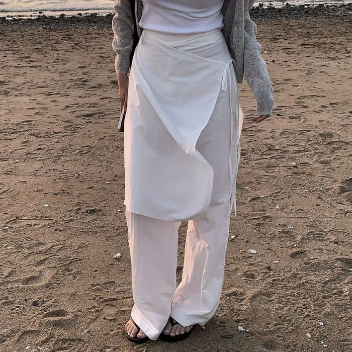 High Waistline Plain Wrap Skirt Loose Straight Leg Pants