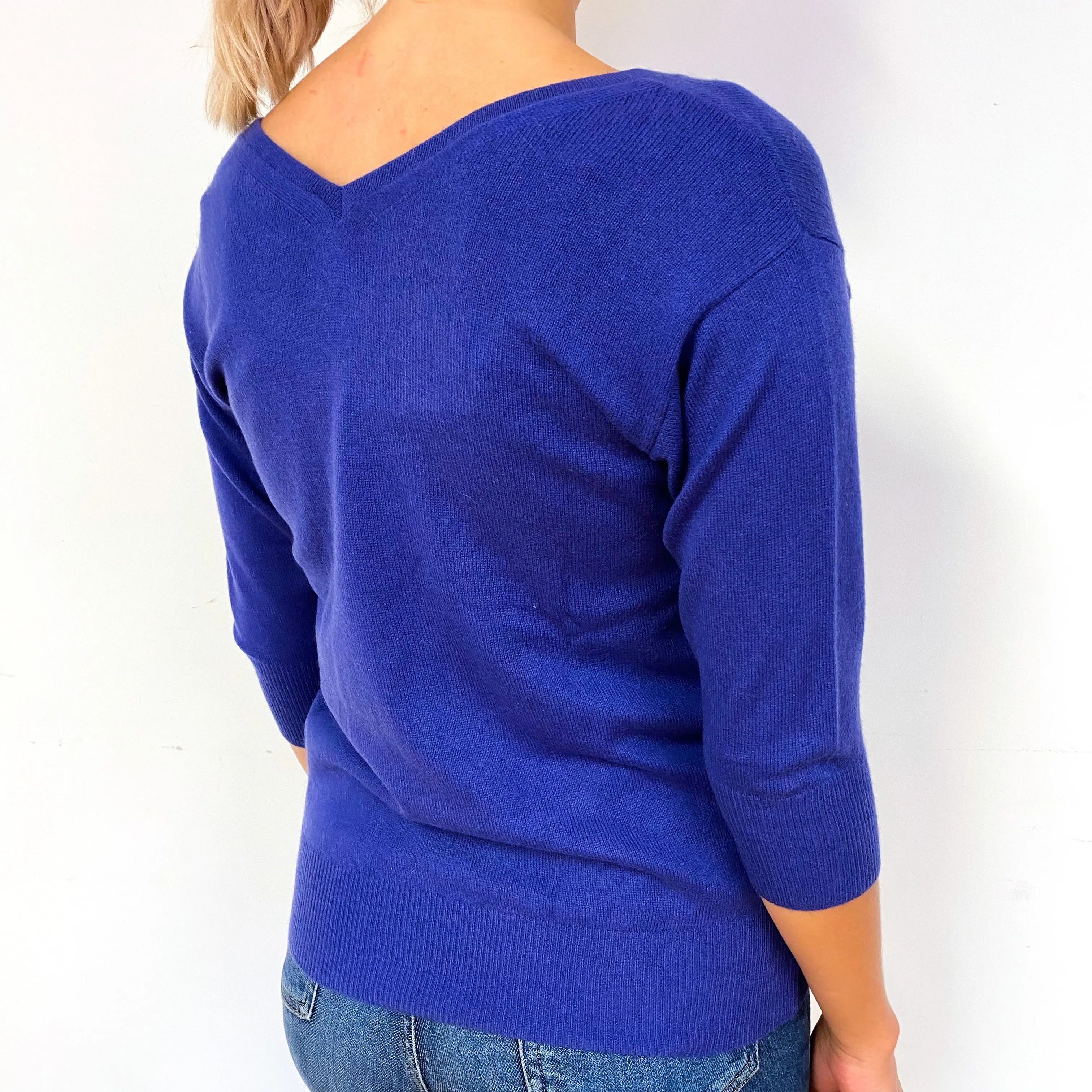 Indigo Blue 3/4 Sleeve Cashmere V-Neck Jumper Small