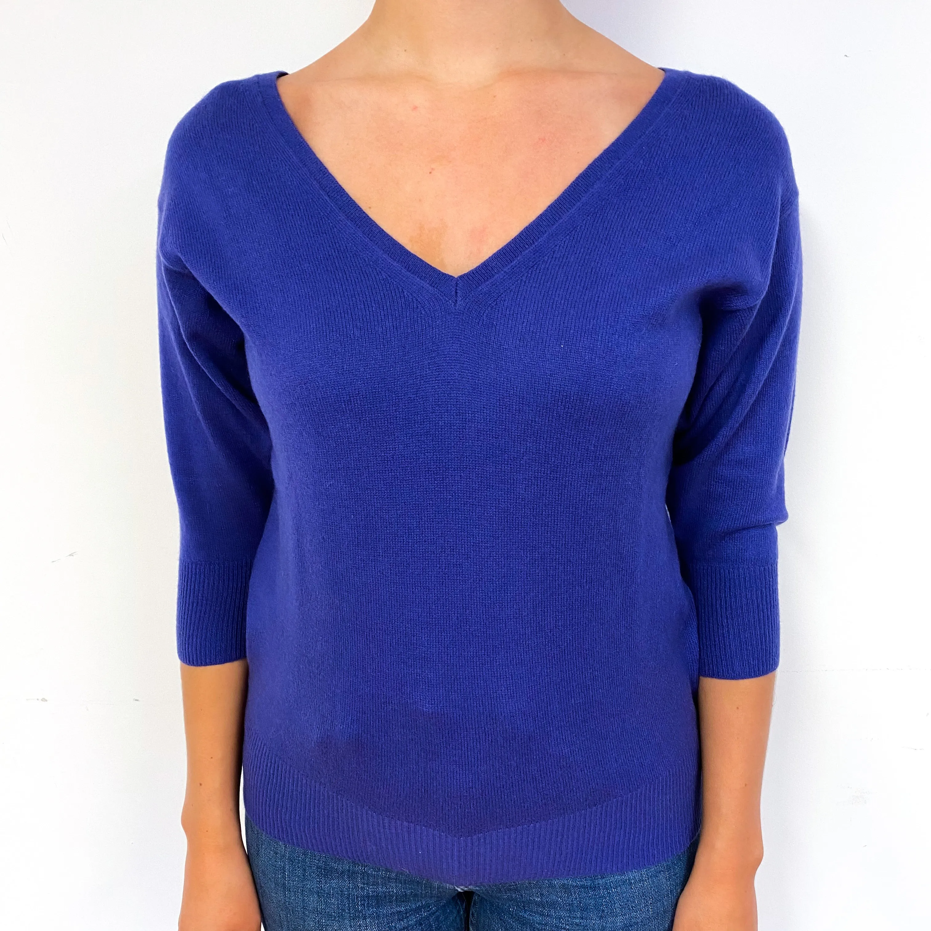 Indigo Blue 3/4 Sleeve Cashmere V-Neck Jumper Small