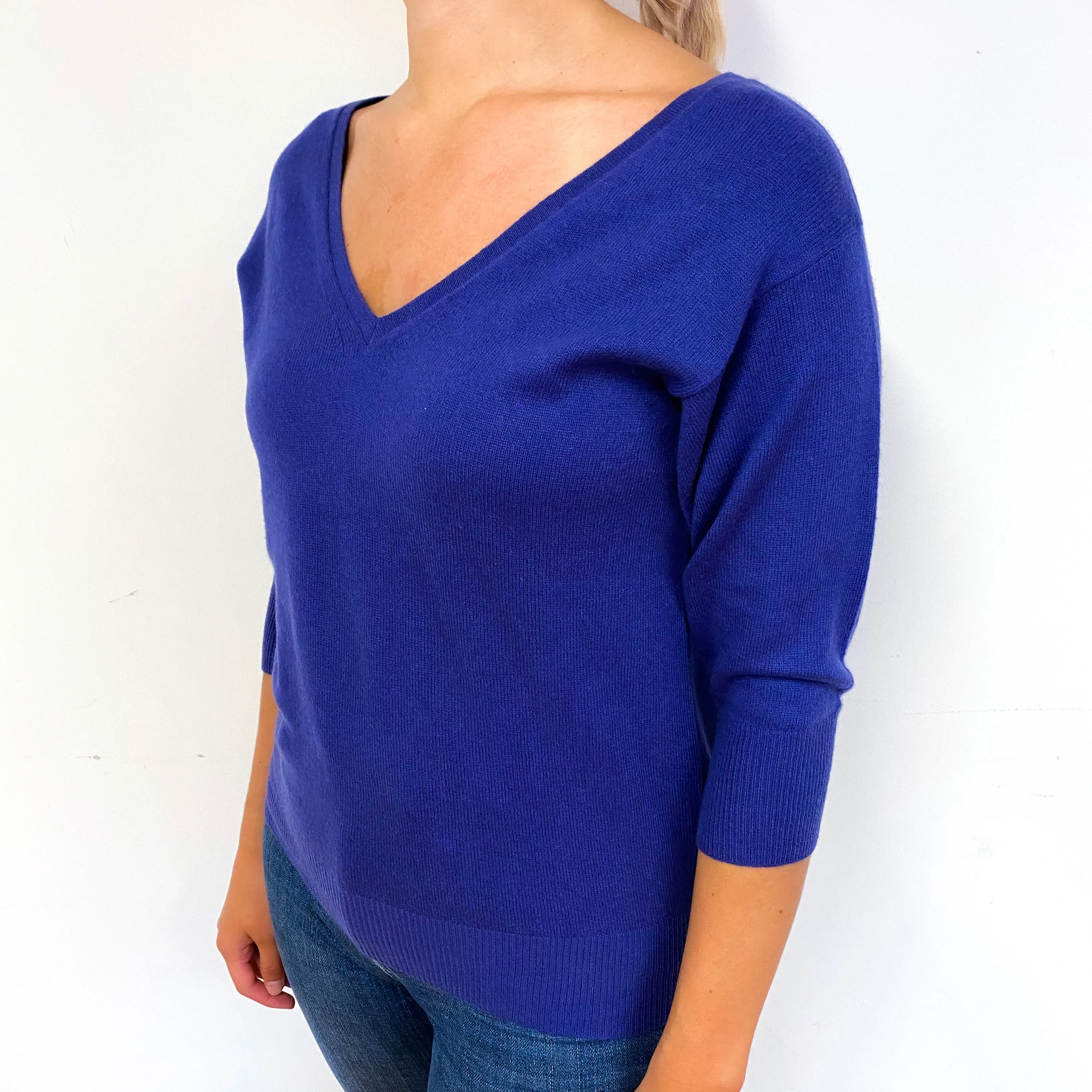 Indigo Blue 3/4 Sleeve Cashmere V-Neck Jumper Small