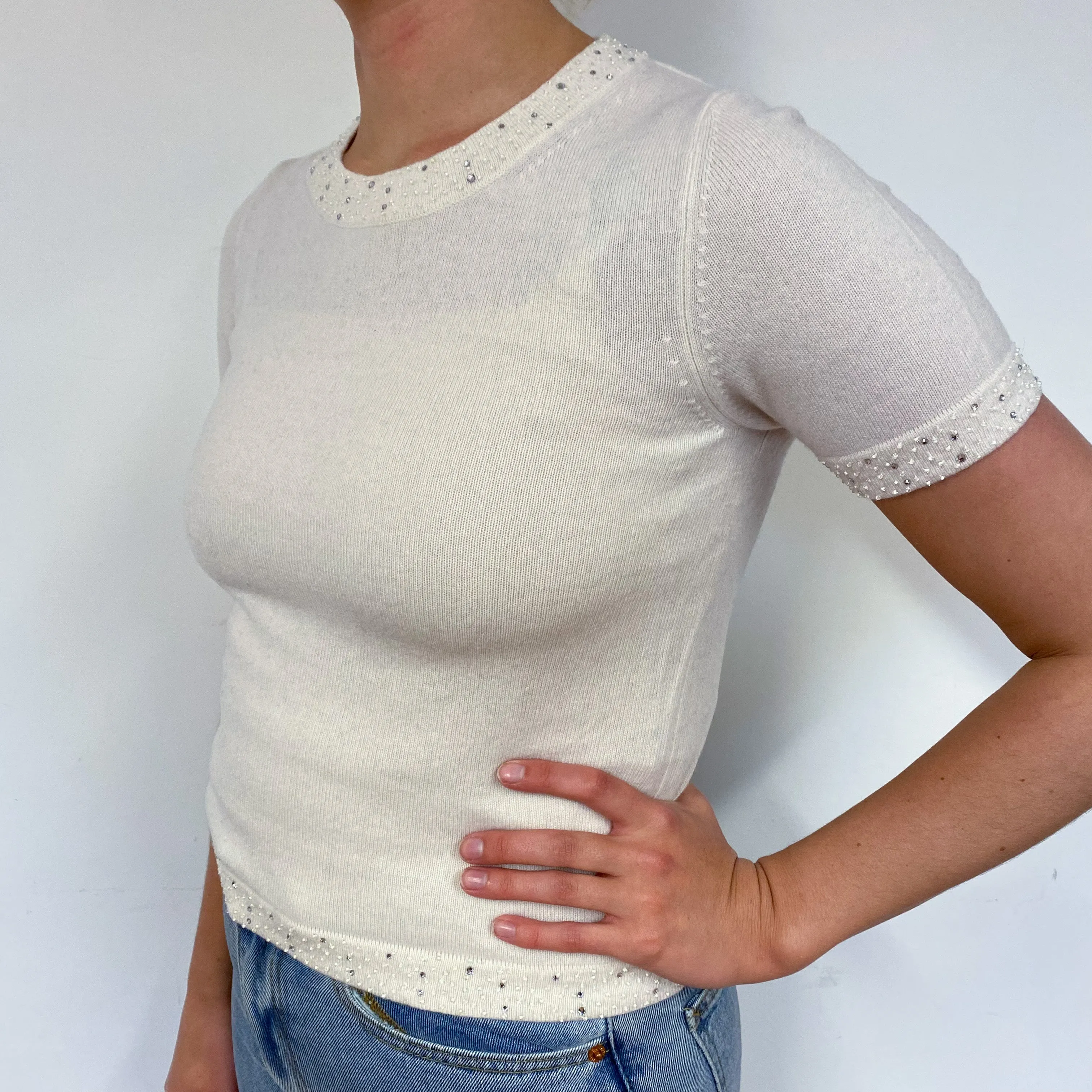 Ivory Embellished Cashmere Short Sleeved Jumper Small