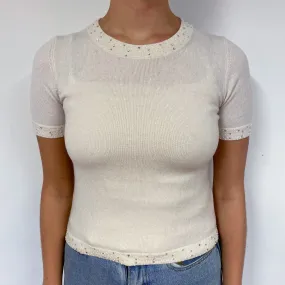 Ivory Embellished Cashmere Short Sleeved Jumper Small