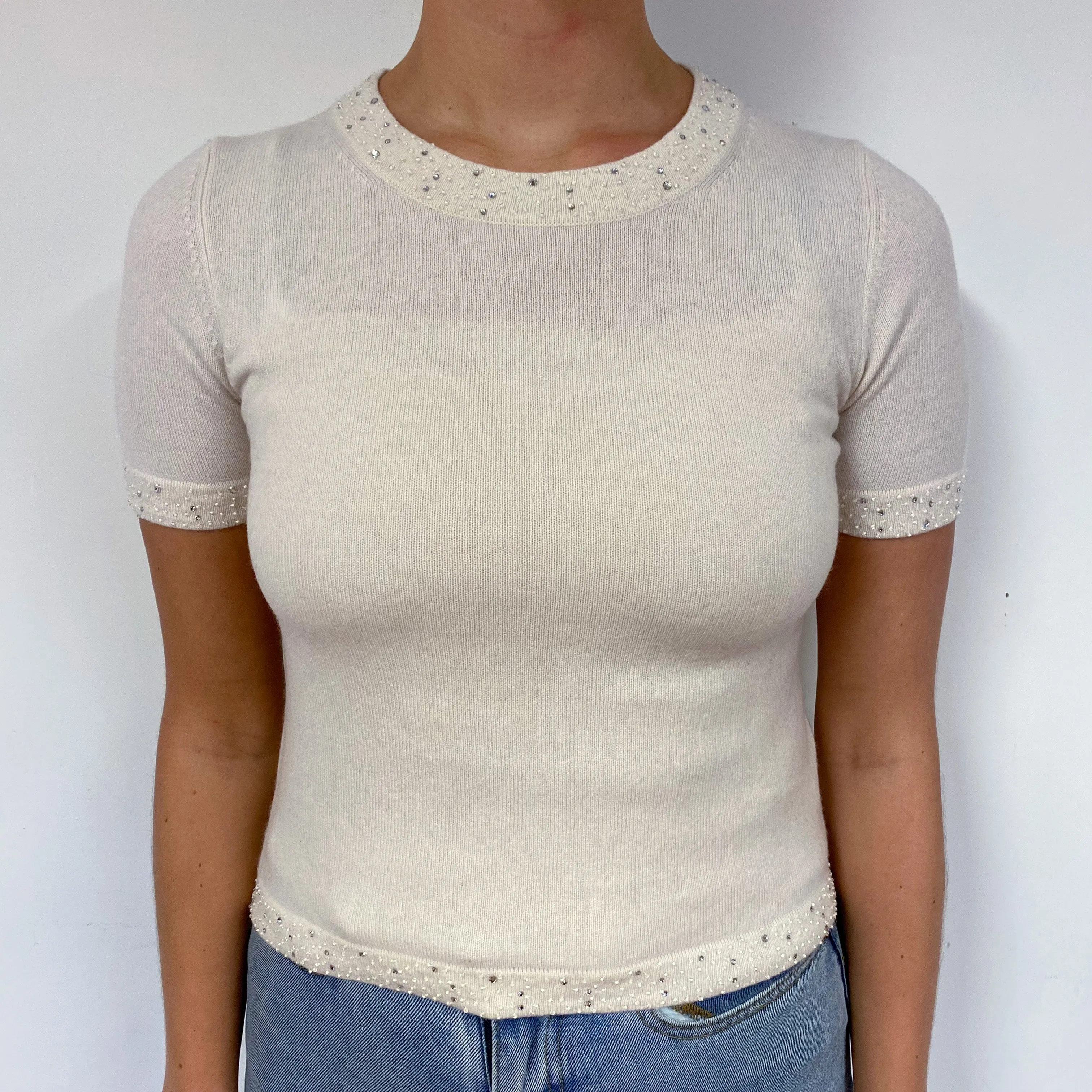 Ivory Embellished Cashmere Short Sleeved Jumper Small