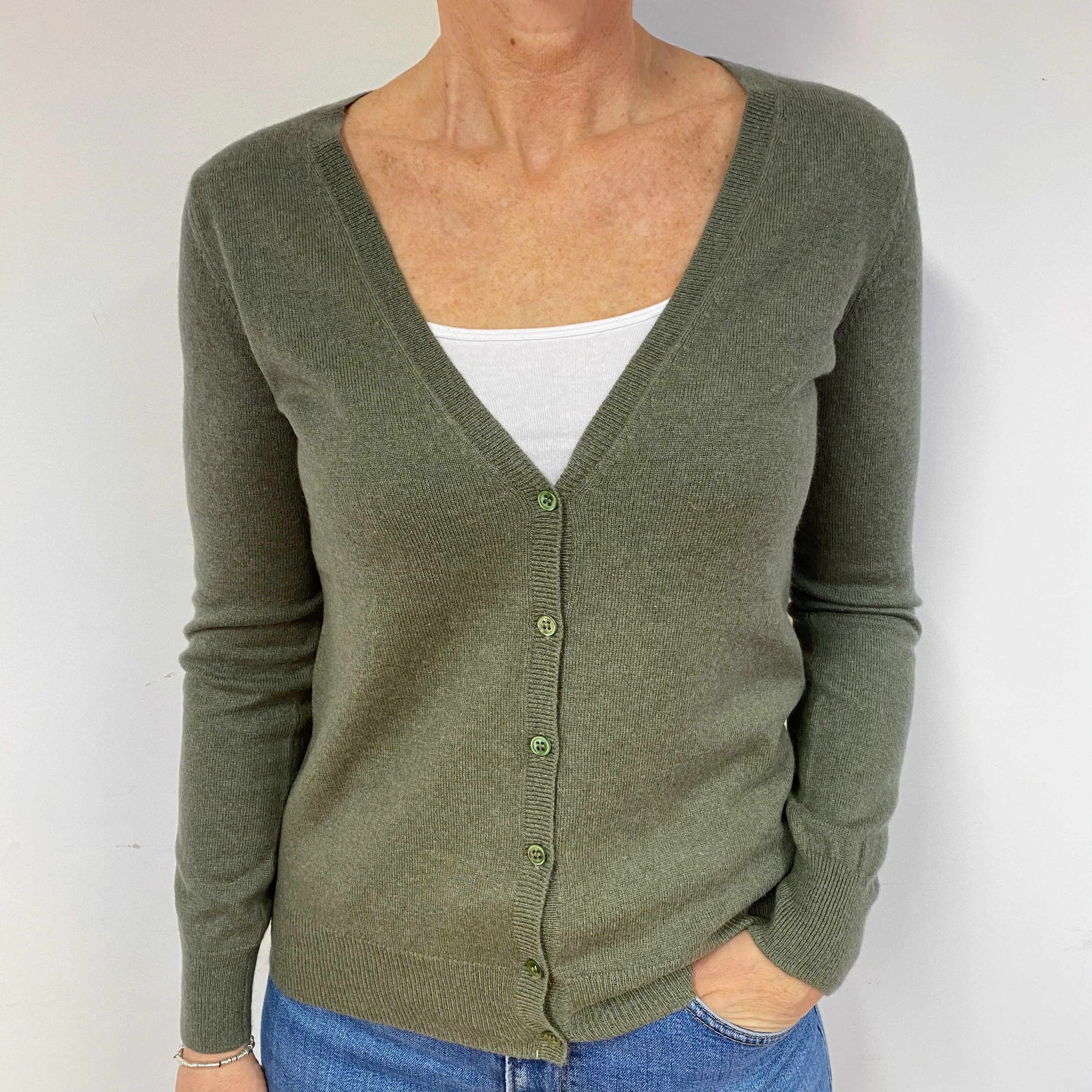 Khaki Green Cashmere V-Neck Cardigan Medium