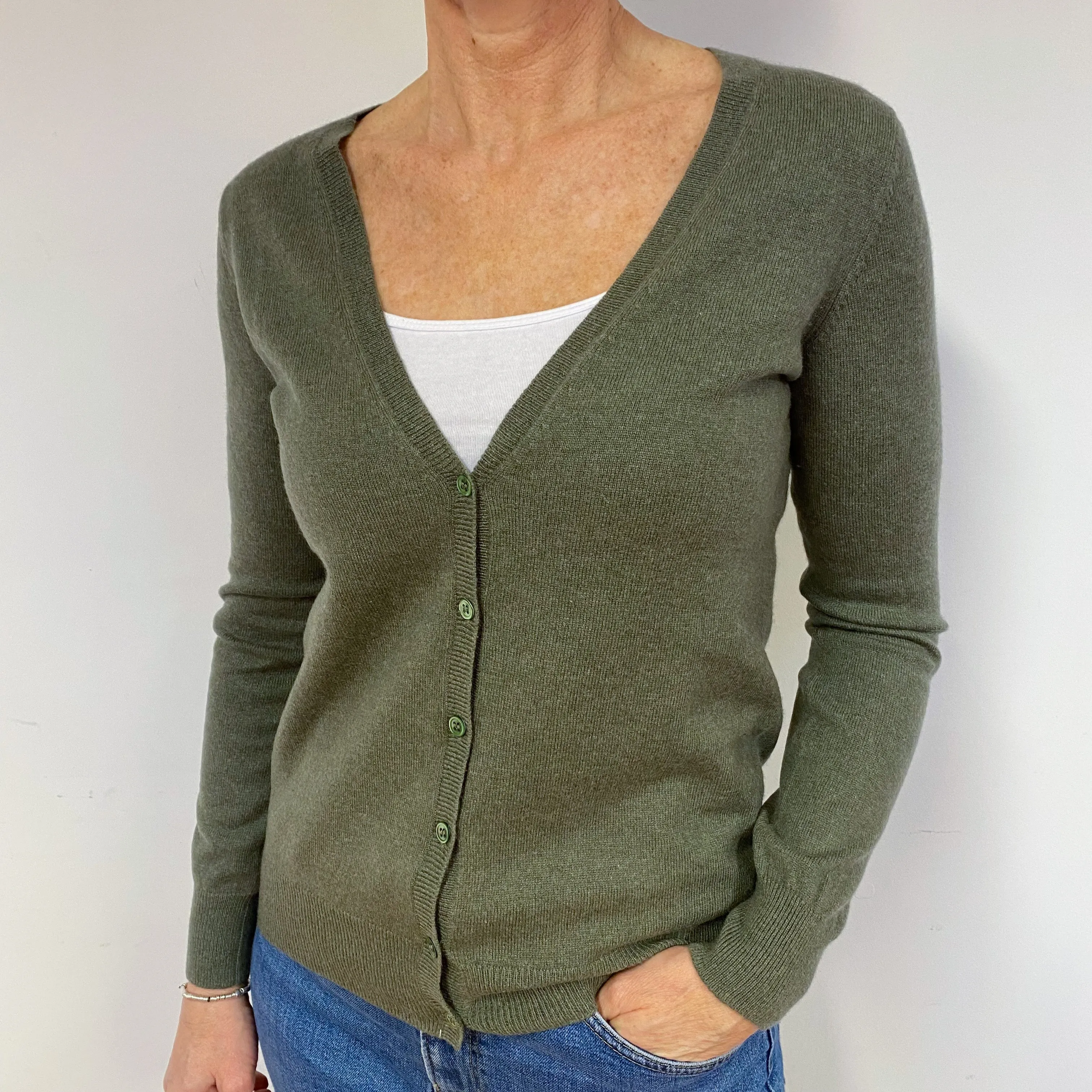 Khaki Green Cashmere V-Neck Cardigan Medium