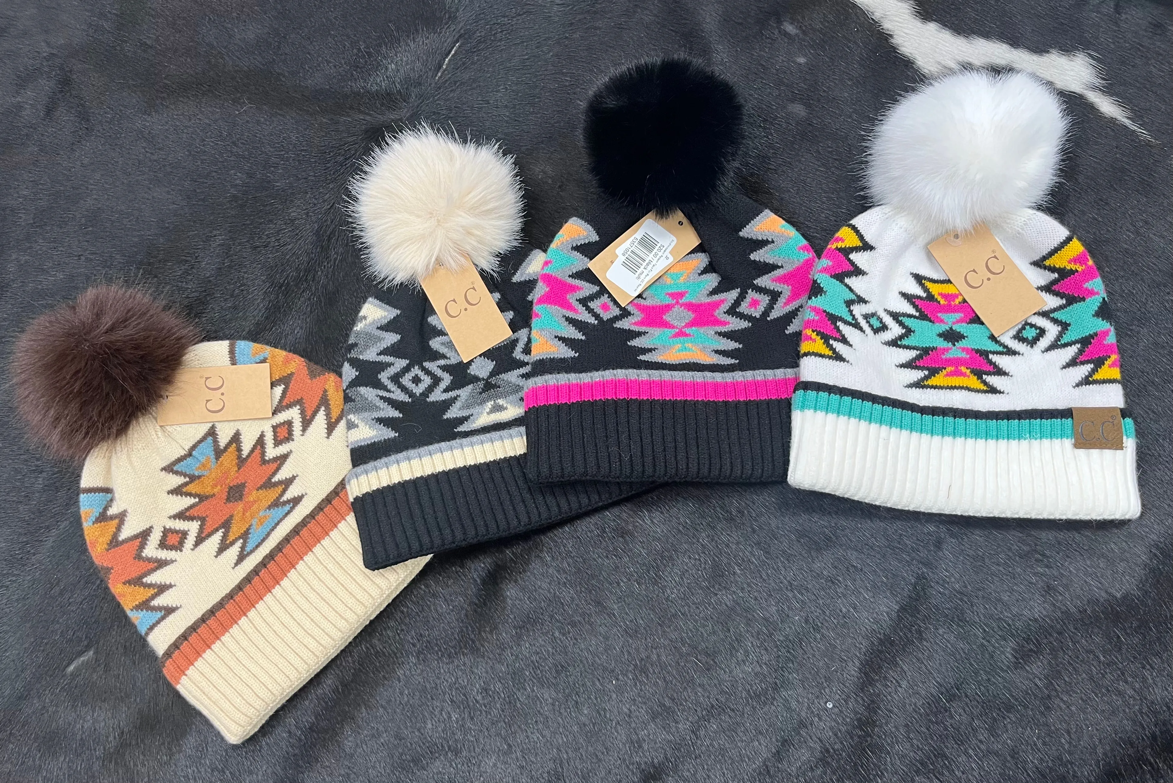 KIDS Southwestern Faux Fur Pom C.C Beanie
