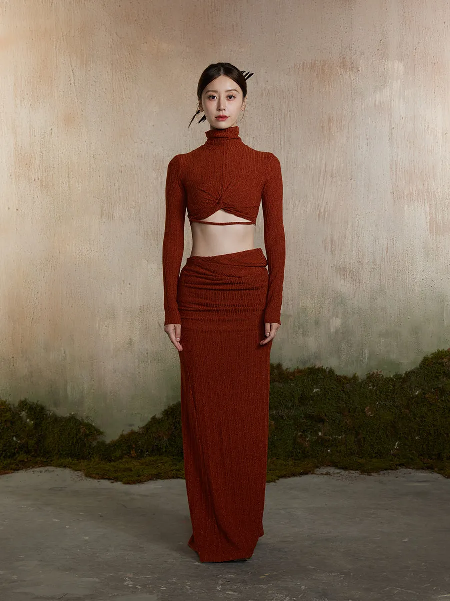 Long Plain Rib-Knit Knit-Skirt
