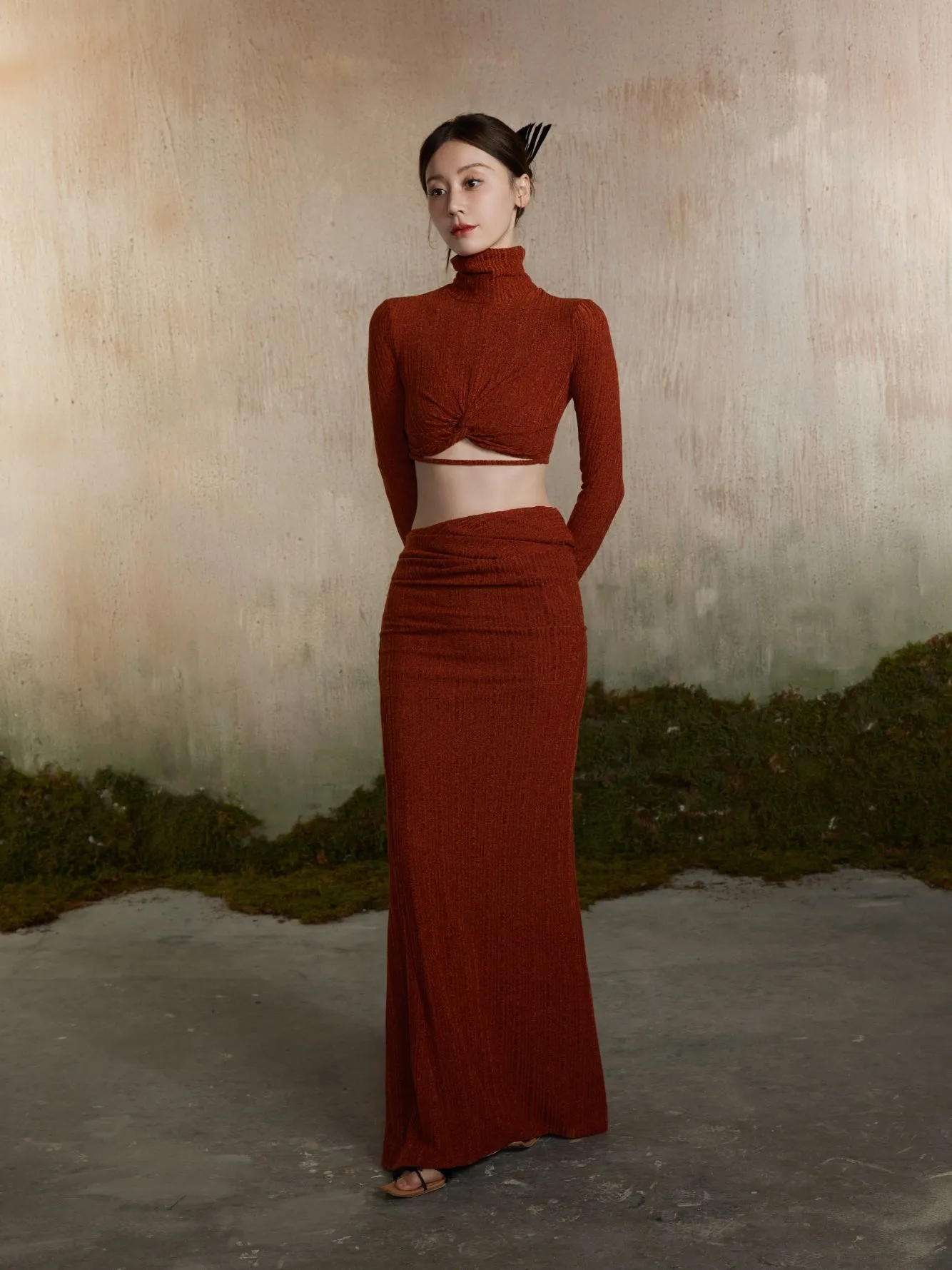 Long Plain Rib-Knit Knit-Skirt