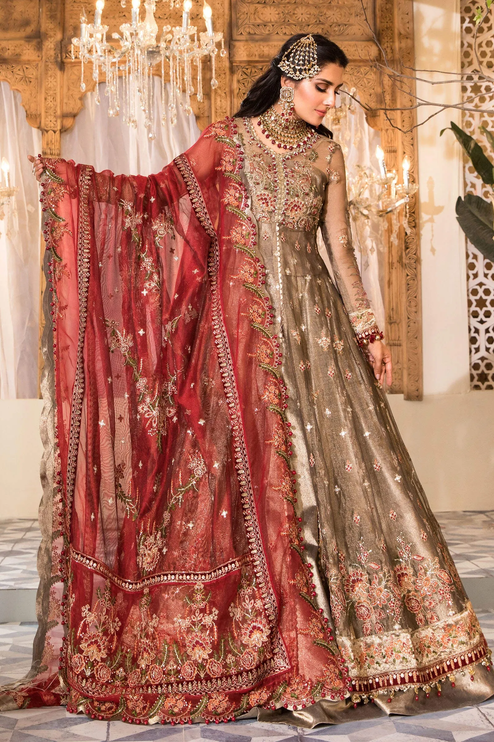 MARIA.B. Mbroidered Heritage Edition – Burnt Gold and Maroon (BD-2401)