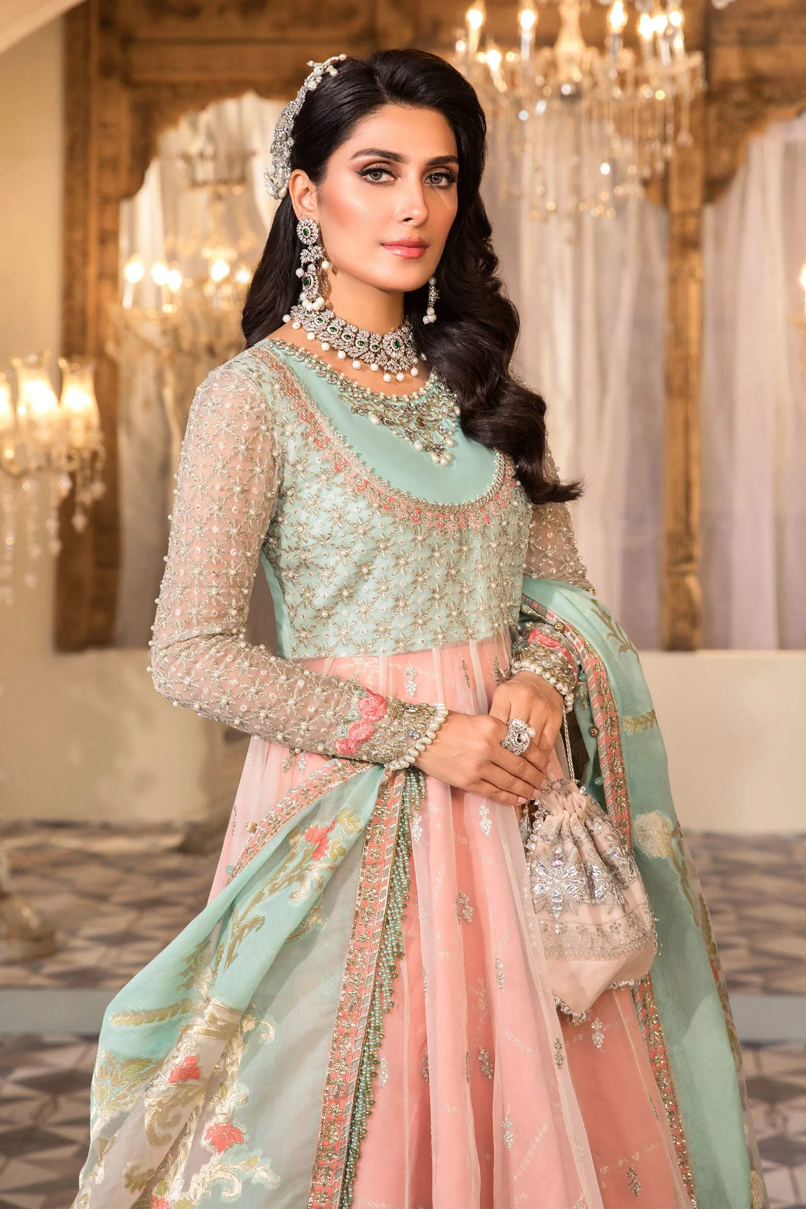 MARIA.B. Mbroidered Heritage Edition – Pearl White, Peach and Aqua (BD-2408)