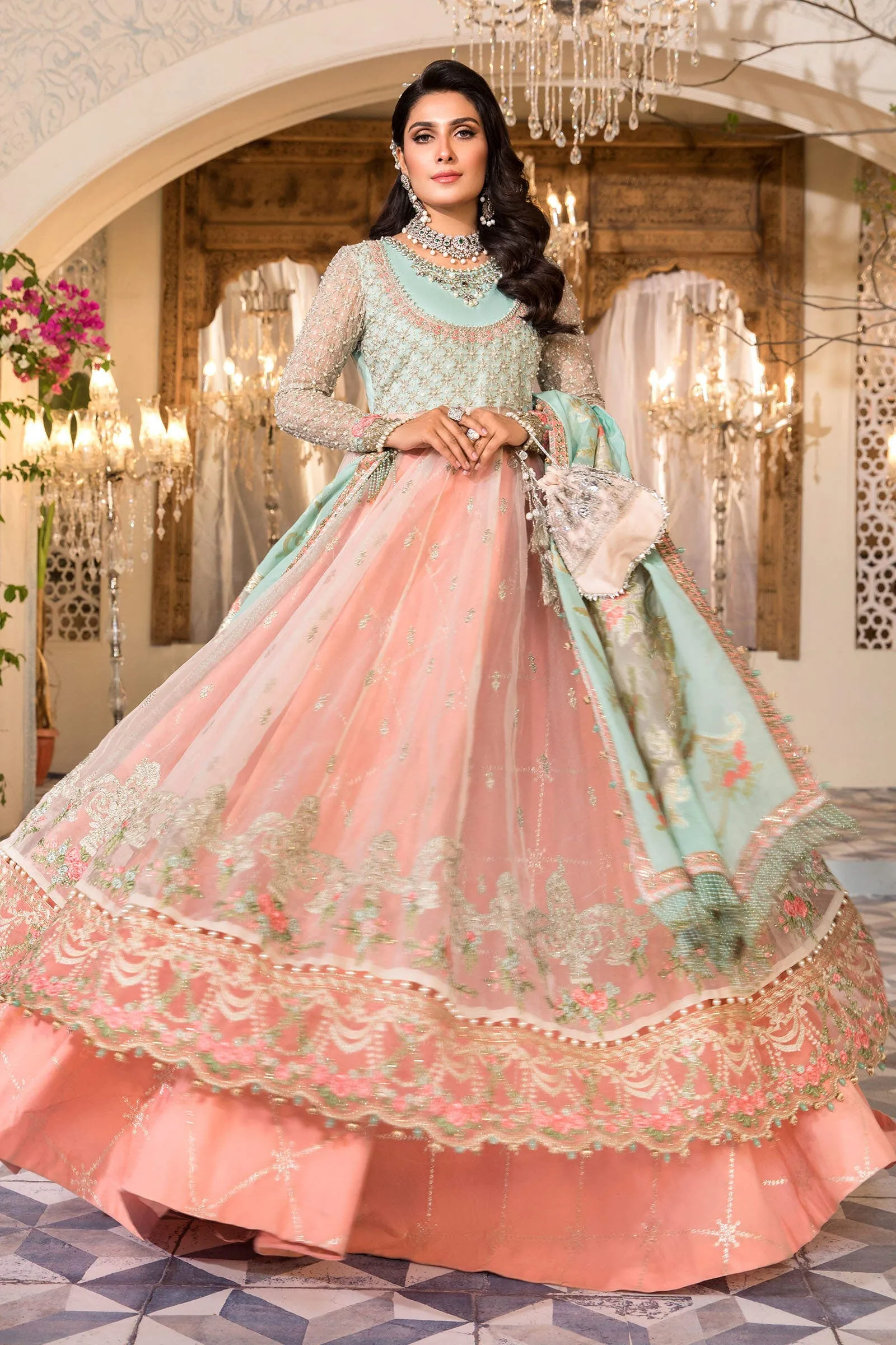 MARIA.B. Mbroidered Heritage Edition – Pearl White, Peach and Aqua (BD-2408)