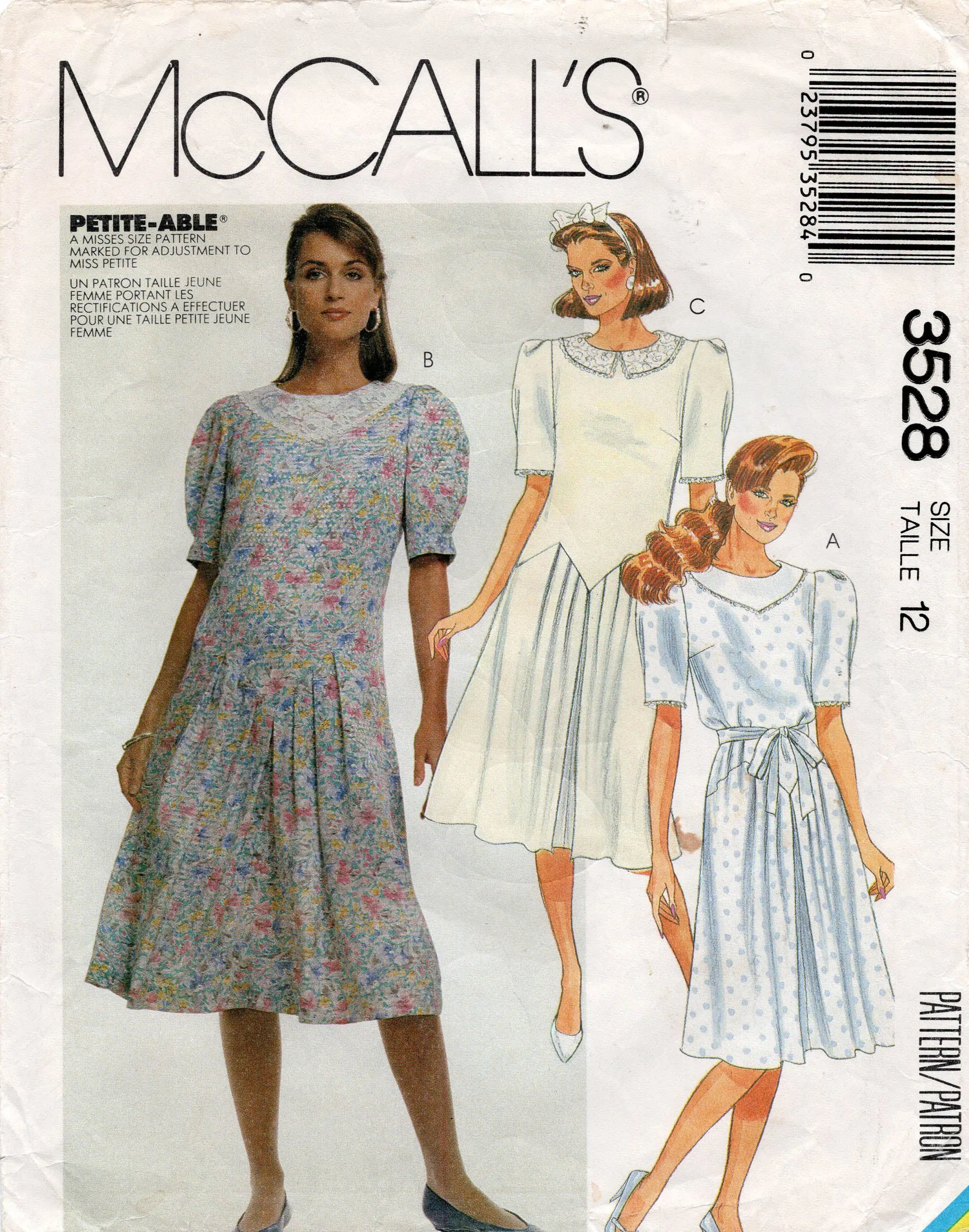 McCall's 3528 Womens Puff Sleeved Dress Dropped Waist Pleated Skirt Dress 1980s Vintage Sewing Pattern Size 12 Bust 34 inches