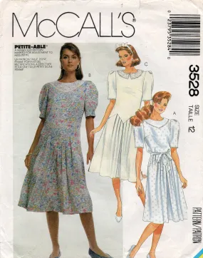 McCall's 3528 Womens Puff Sleeved Dress Dropped Waist Pleated Skirt Dress 1980s Vintage Sewing Pattern Size 12 Bust 34 inches