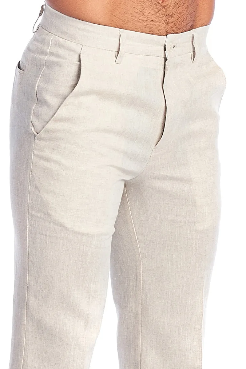Men's Casual Flat Front Dress Pants 100% Natural Linen