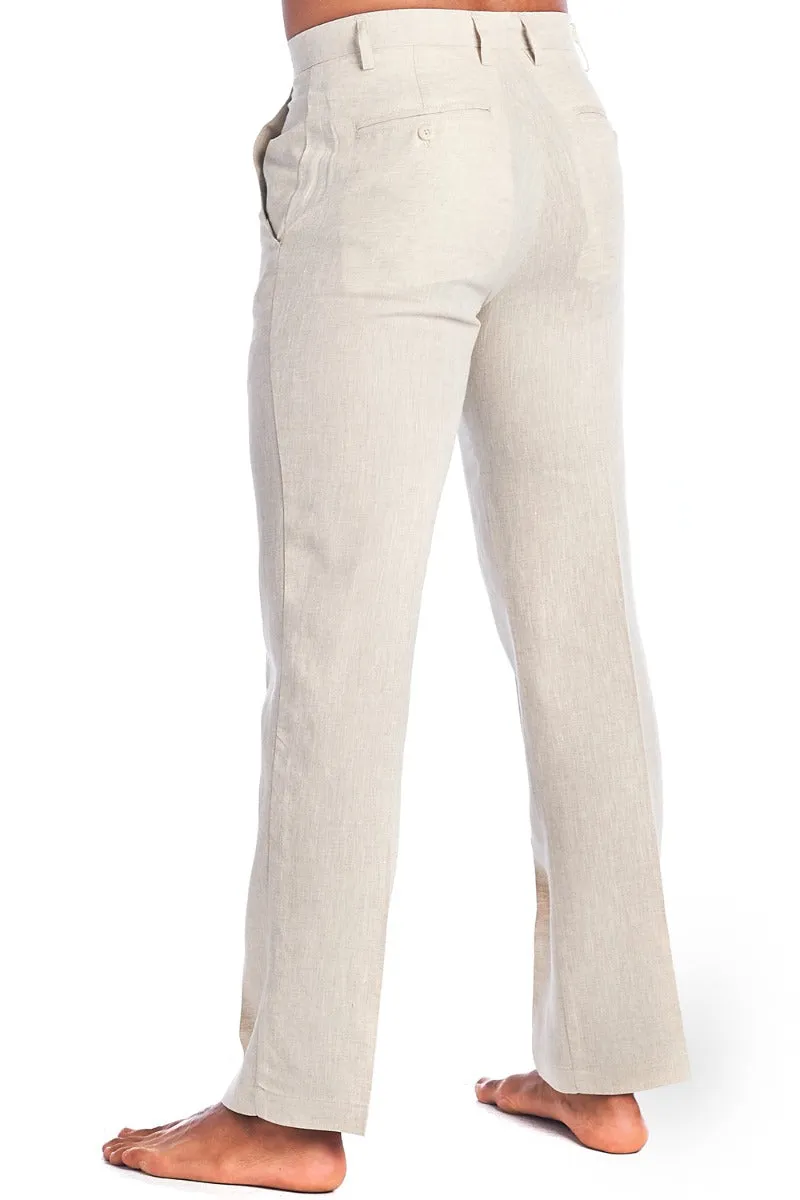 Men's Casual Flat Front Dress Pants 100% Natural Linen