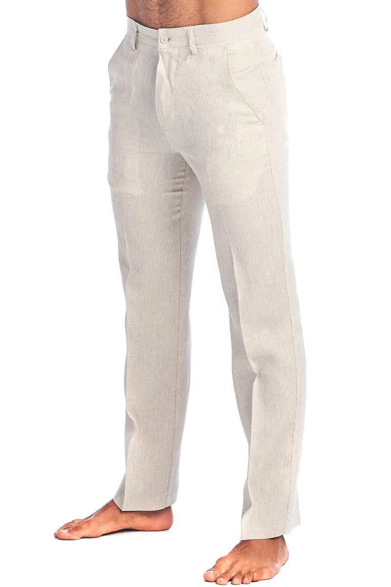 Men's Casual Flat Front Dress Pants 100% Natural Linen