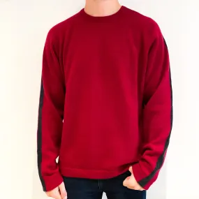 Men's Crimson Red Grey Stripe Cashmere Crew Neck Jumper Extra Large