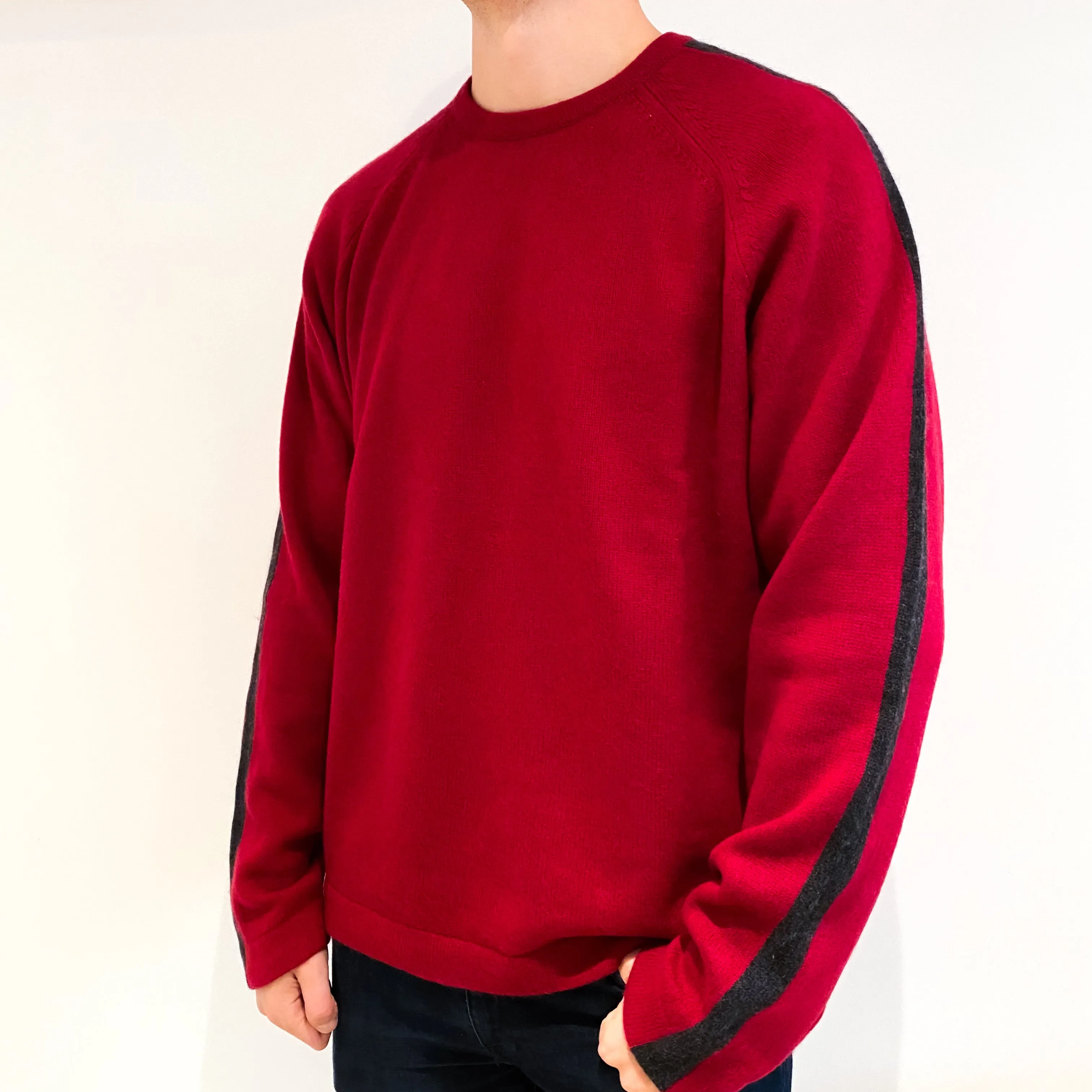 Men's Crimson Red Grey Stripe Cashmere Crew Neck Jumper Extra Large