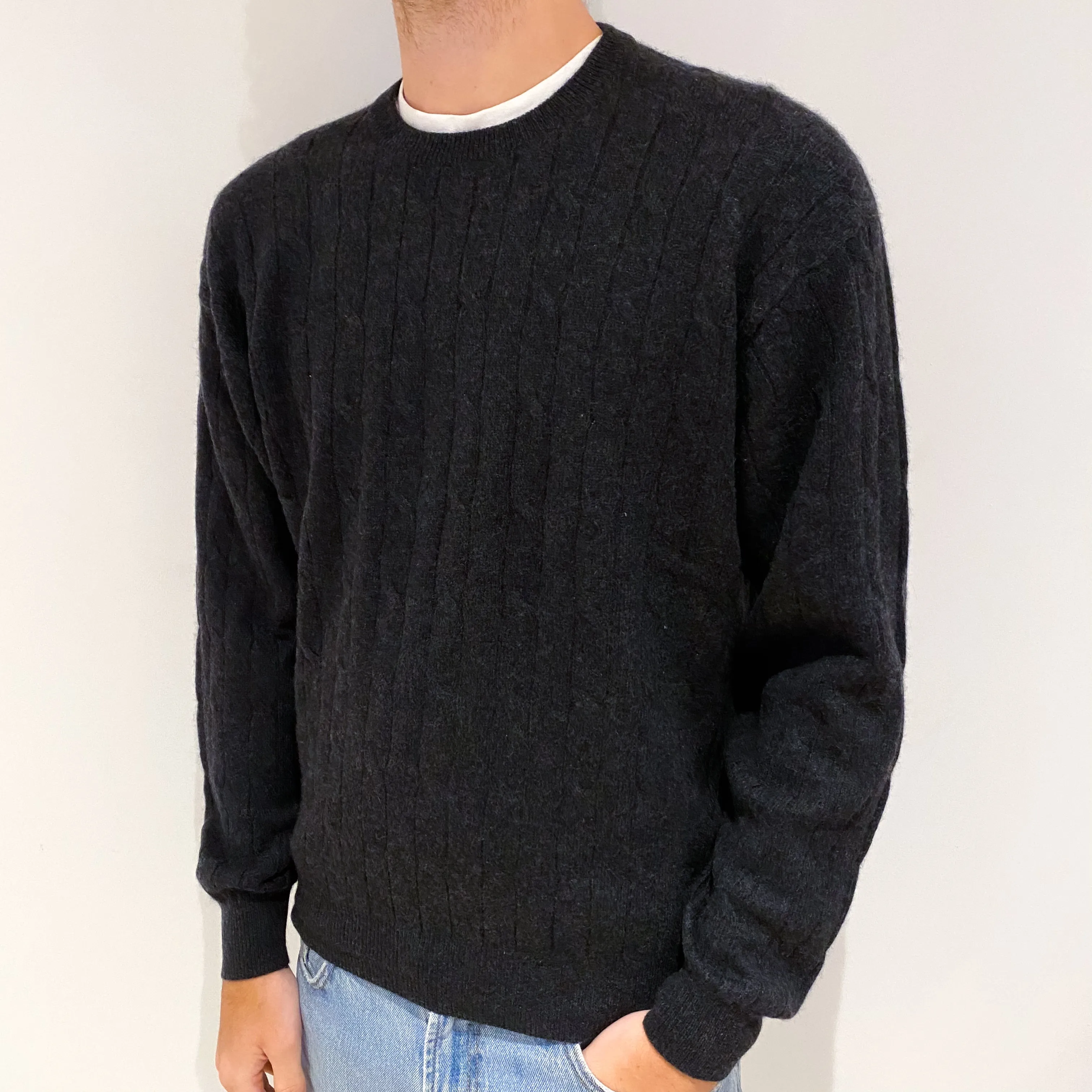 Men's Dark Grey Cashmere Crew Neck Jumper Large