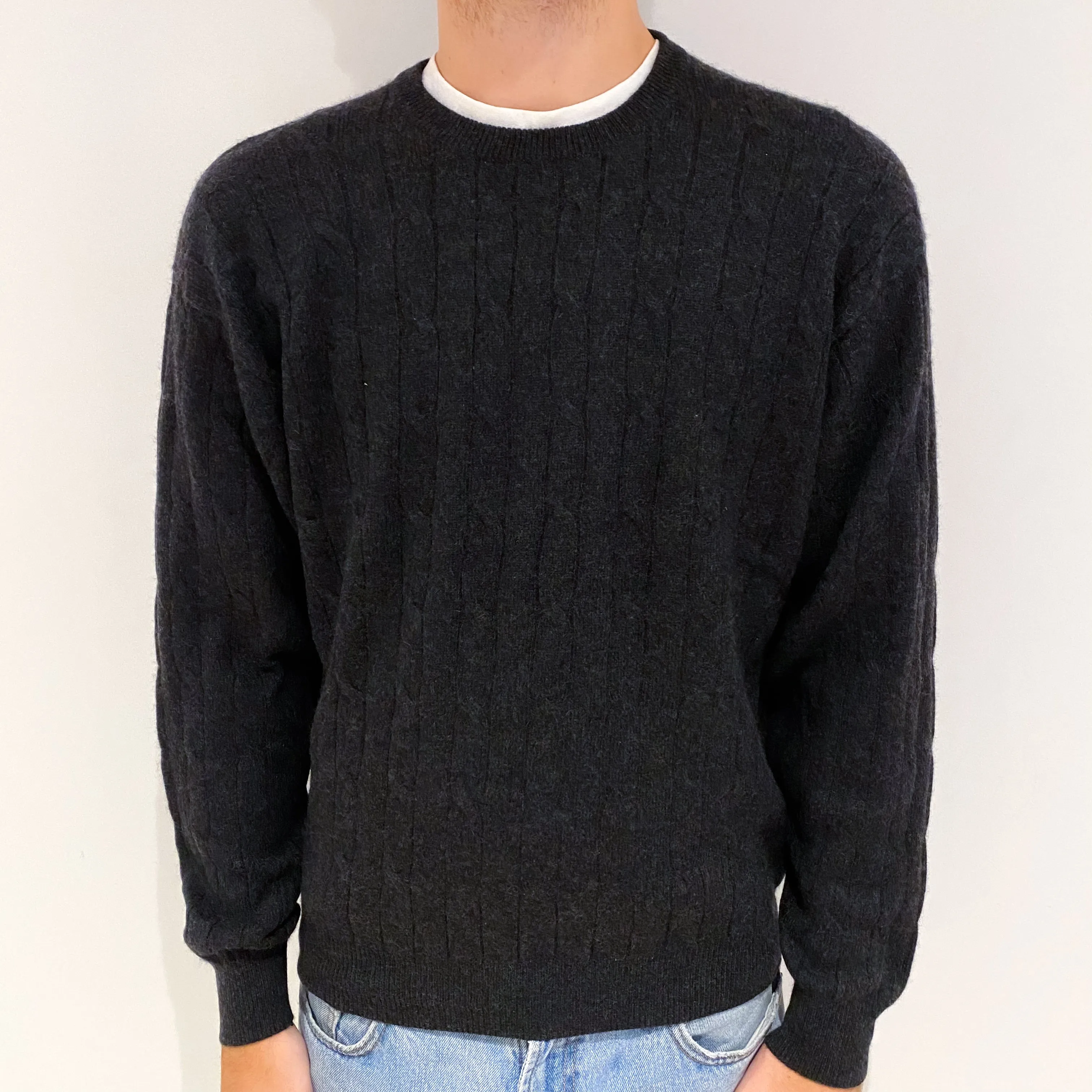 Men's Dark Grey Cashmere Crew Neck Jumper Large