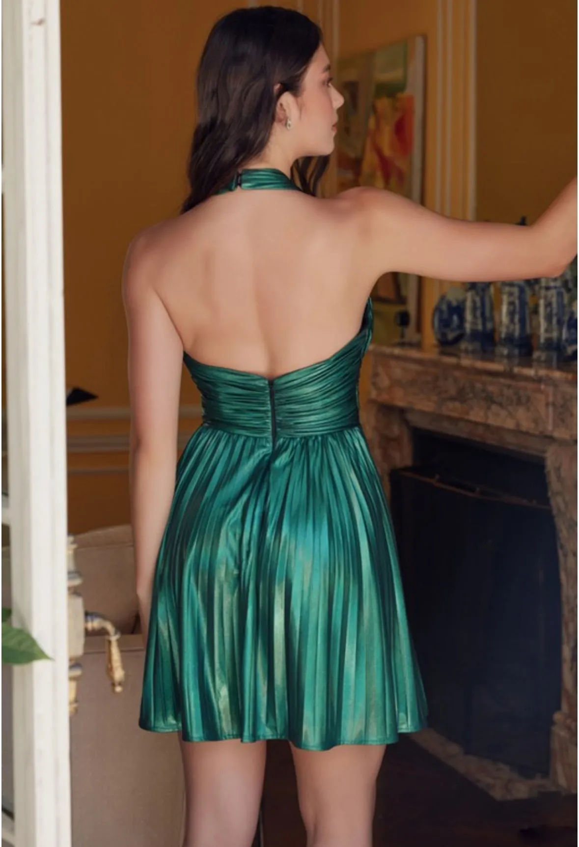 METALLIC HALTER NECKLINE ACCORDION PLEAT SHORT DRESS