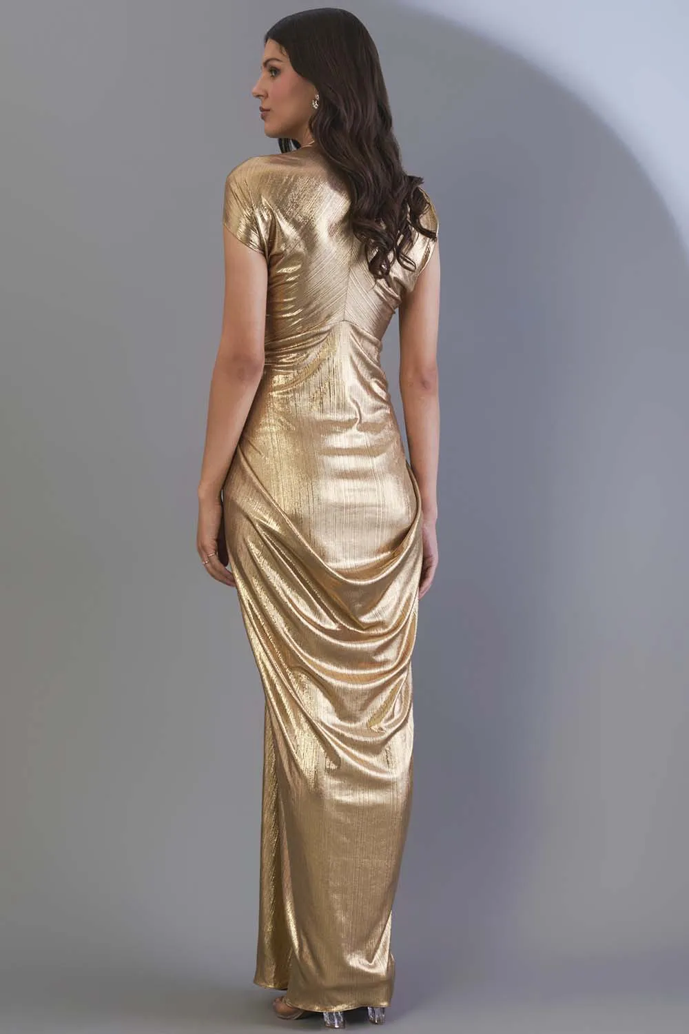 Metallic Pleated Draped Sleeve Gown