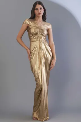 Metallic Pleated Draped Sleeve Gown