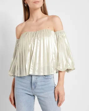 Metallic Pleated Off The Shoulder Balloon Sleeve Top in Metallic Silver