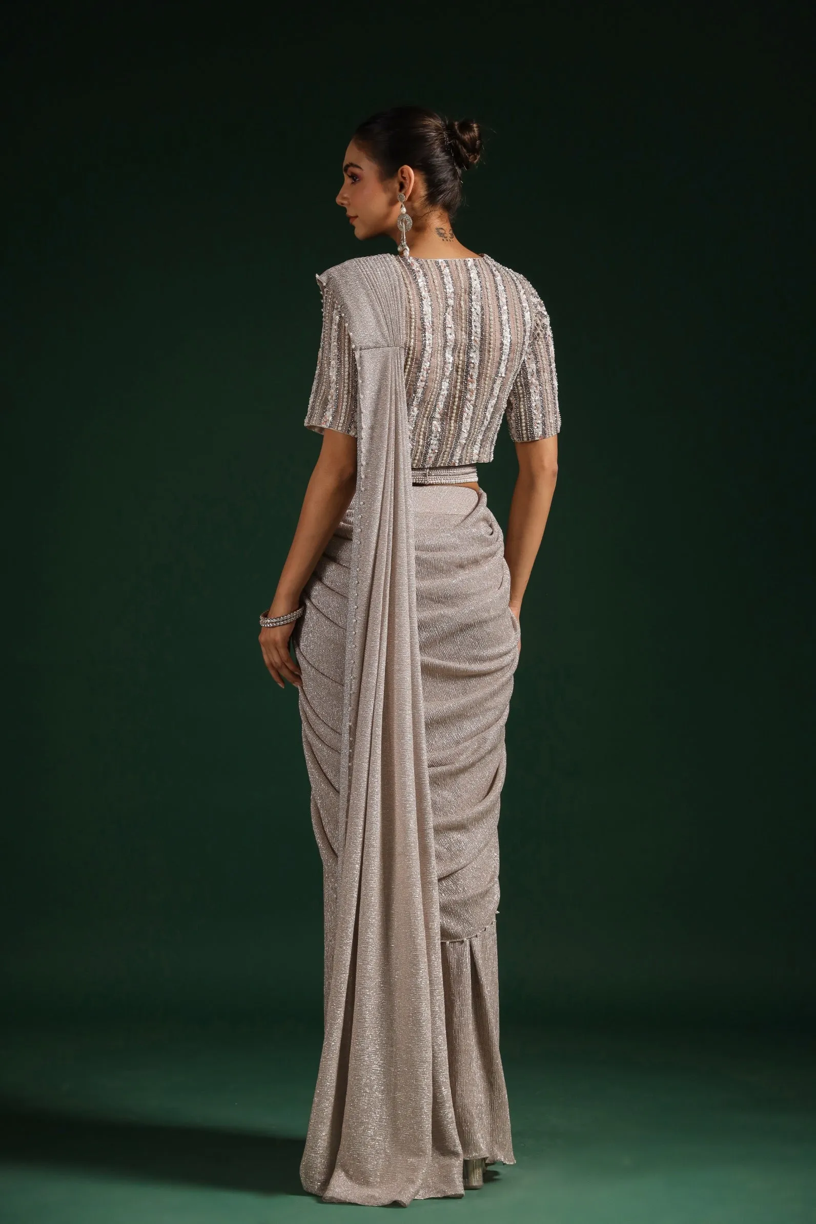 Metallic Silver Premium Net Draped Saree