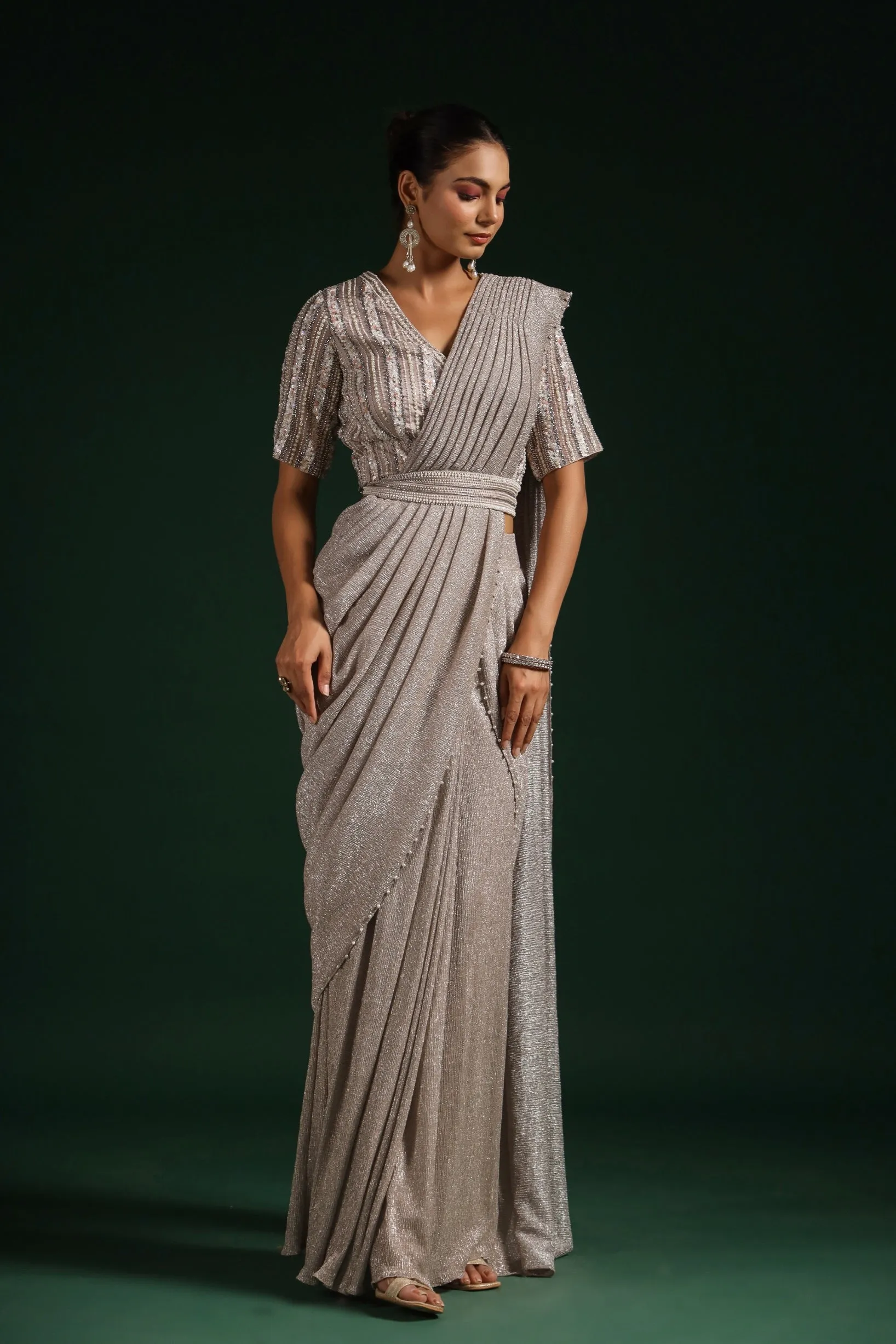 Metallic Silver Premium Net Draped Saree