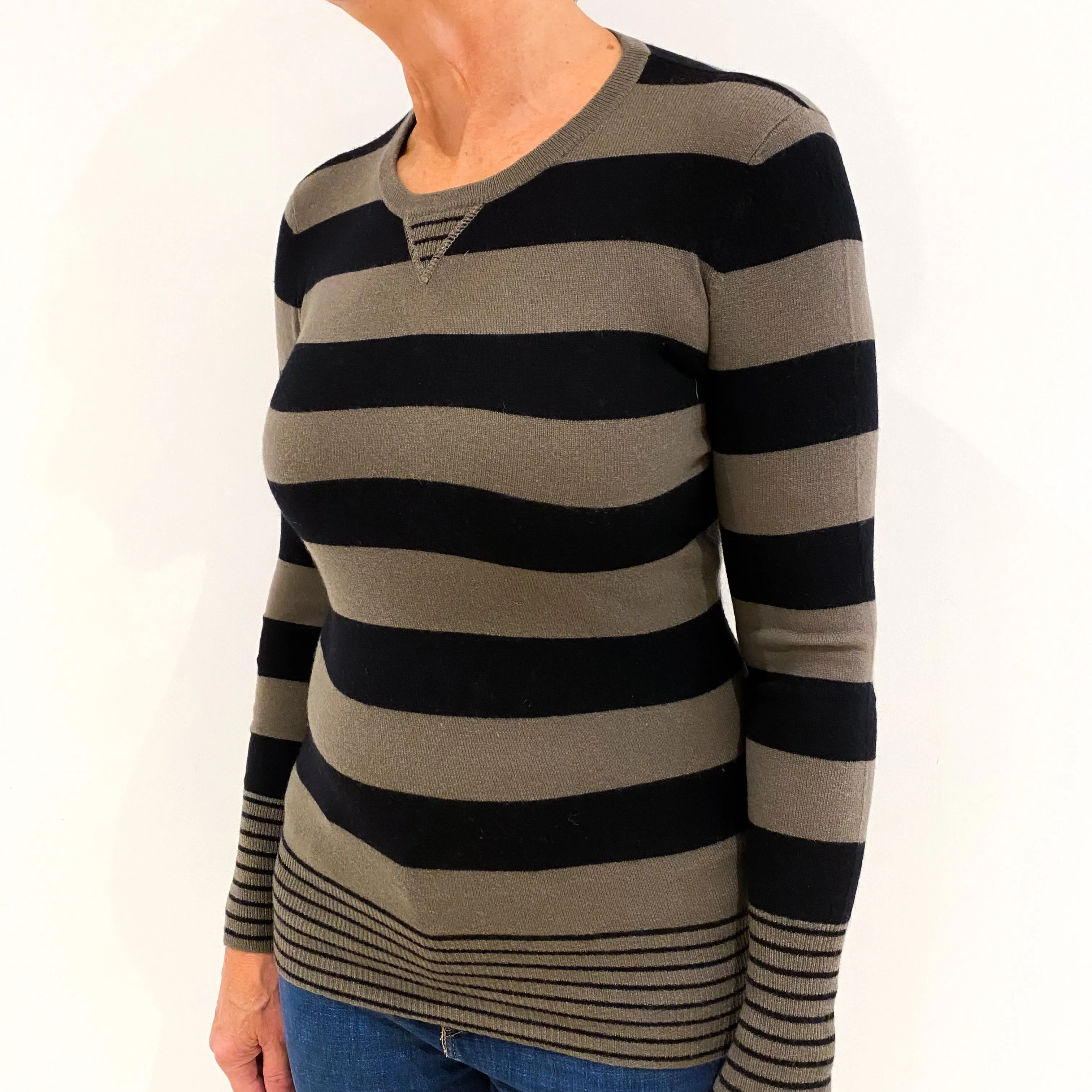 Mocha and Black Stripe Cashmere Crew Neck Jumper Medium