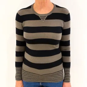 Mocha and Black Stripe Cashmere Crew Neck Jumper Medium