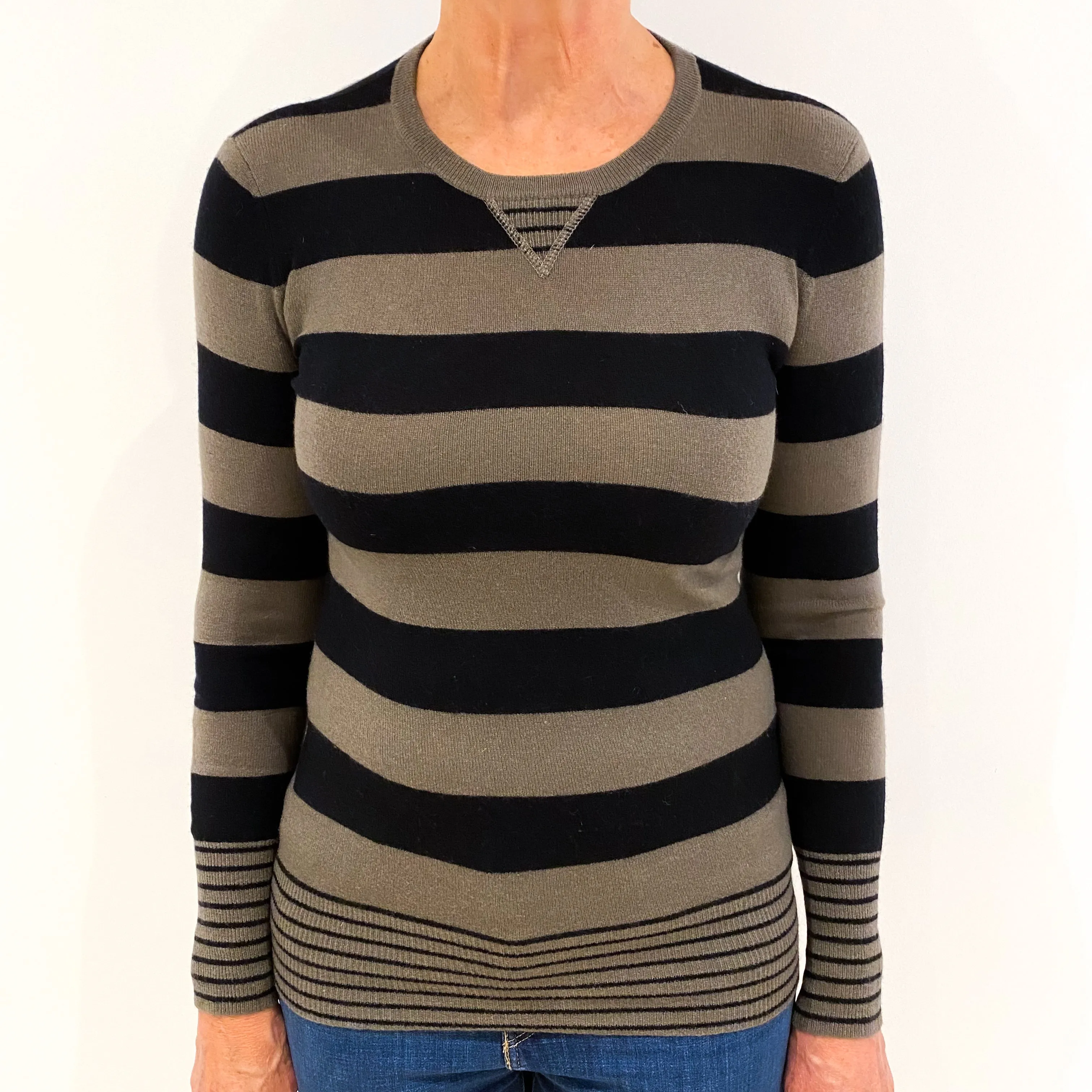 Mocha and Black Stripe Cashmere Crew Neck Jumper Medium