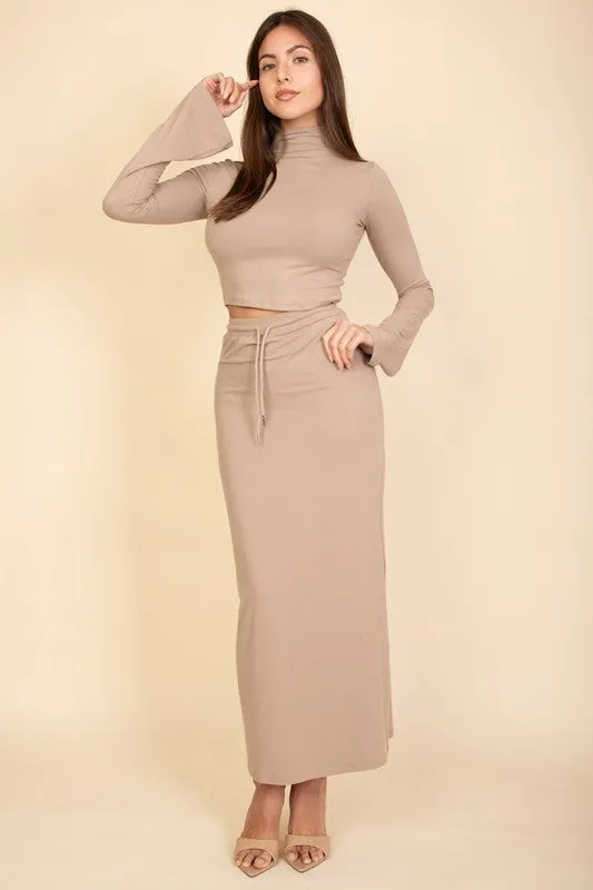 Mock Neck Bell Sleeve Crop Top & Maxi Skirt Set