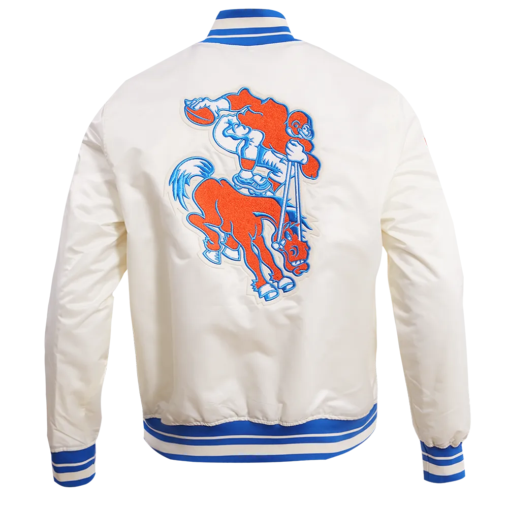 NFL DENVER BRONCOS RETRO CLASSIC MEN'S RIB SATIN JACKET (EGGSHELL/ ROYAL BLUE)