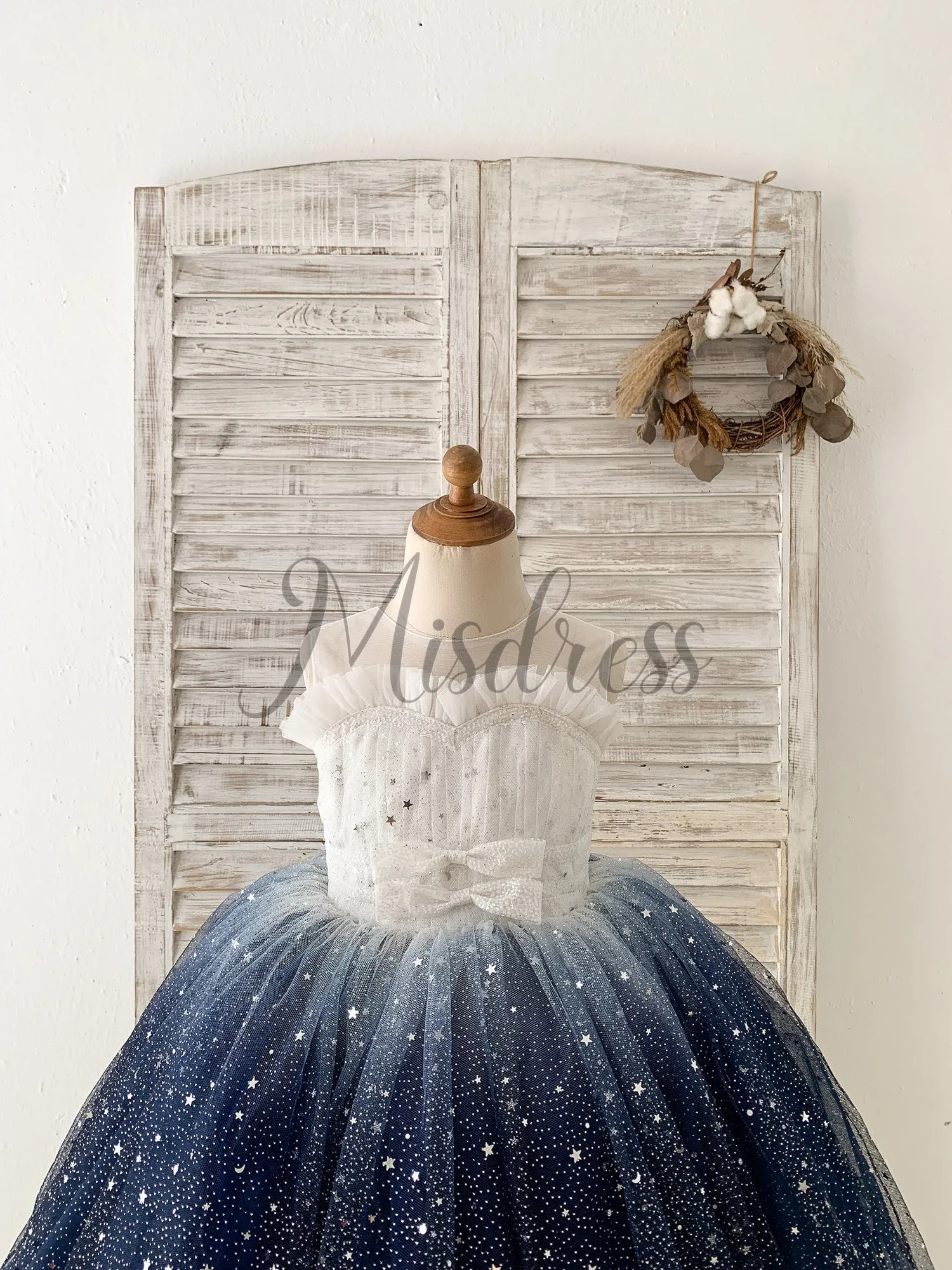 Ombre Pink / Navy Stars Tulle Wedding Flower Girl Dress Kids Party Dress