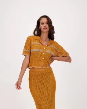 Open Mesh Knit Honeycomb Buttoned Blouse