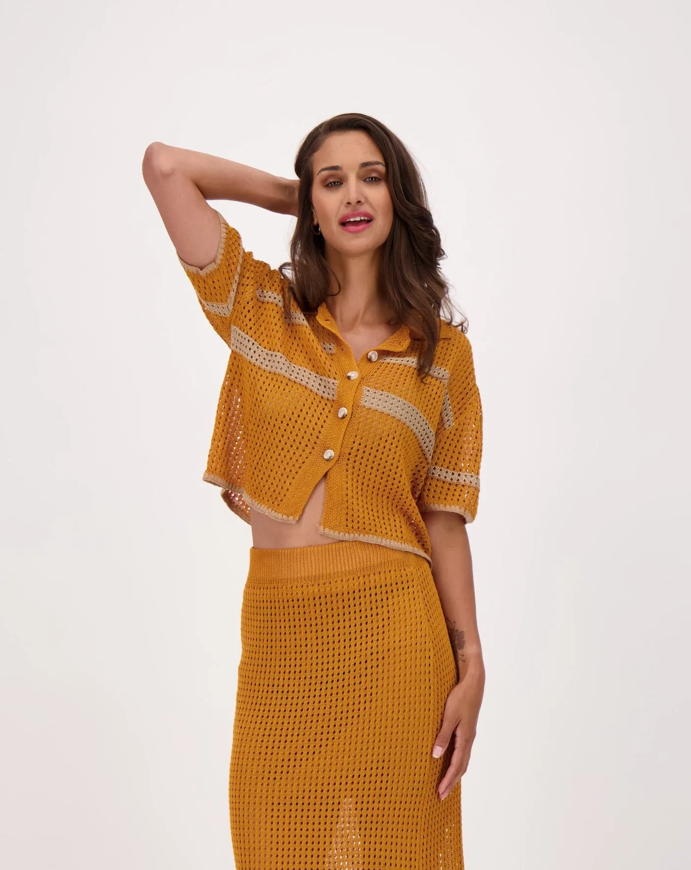 Open Mesh Knit Honeycomb Buttoned Blouse