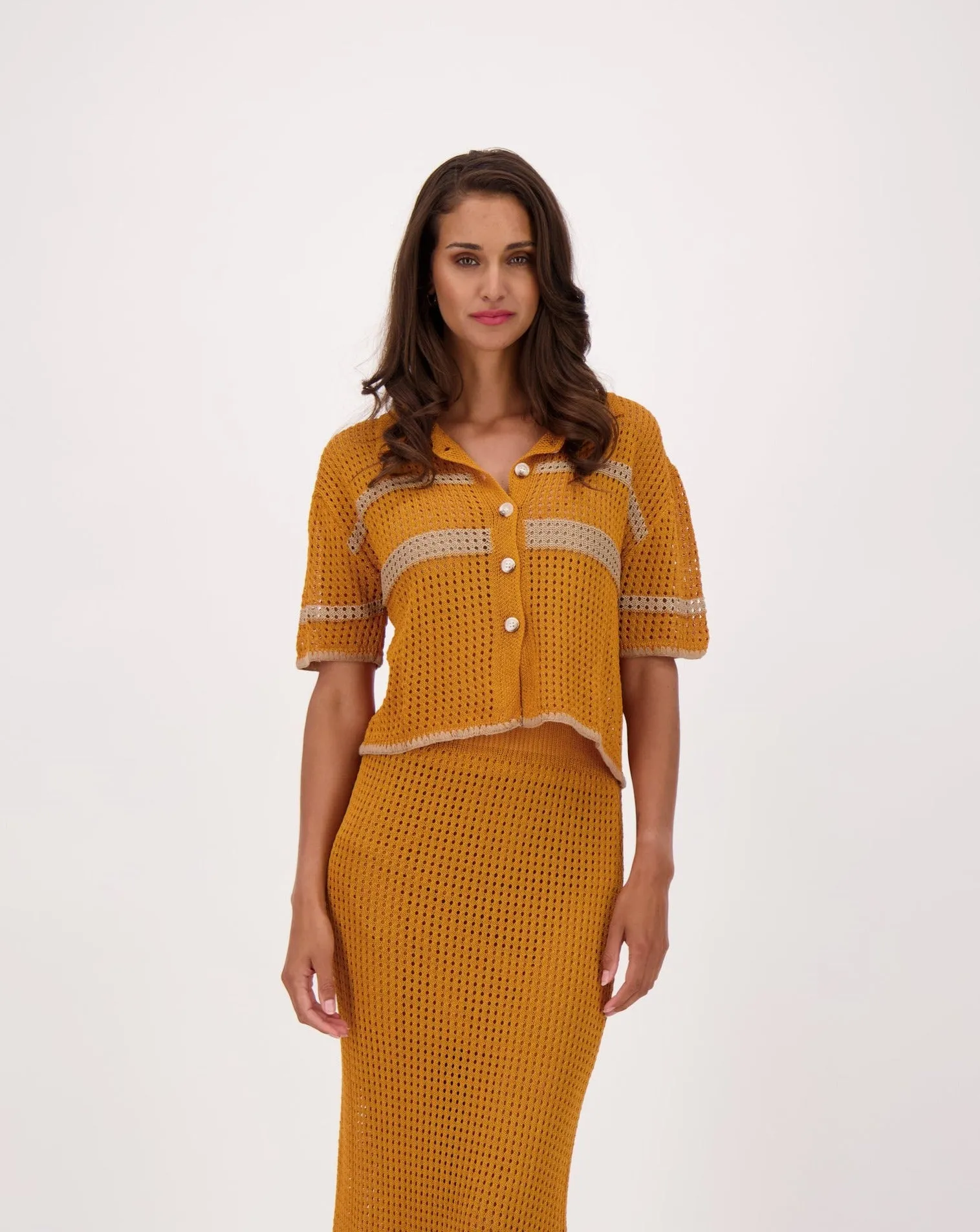 Open Mesh Knit Honeycomb Buttoned Blouse