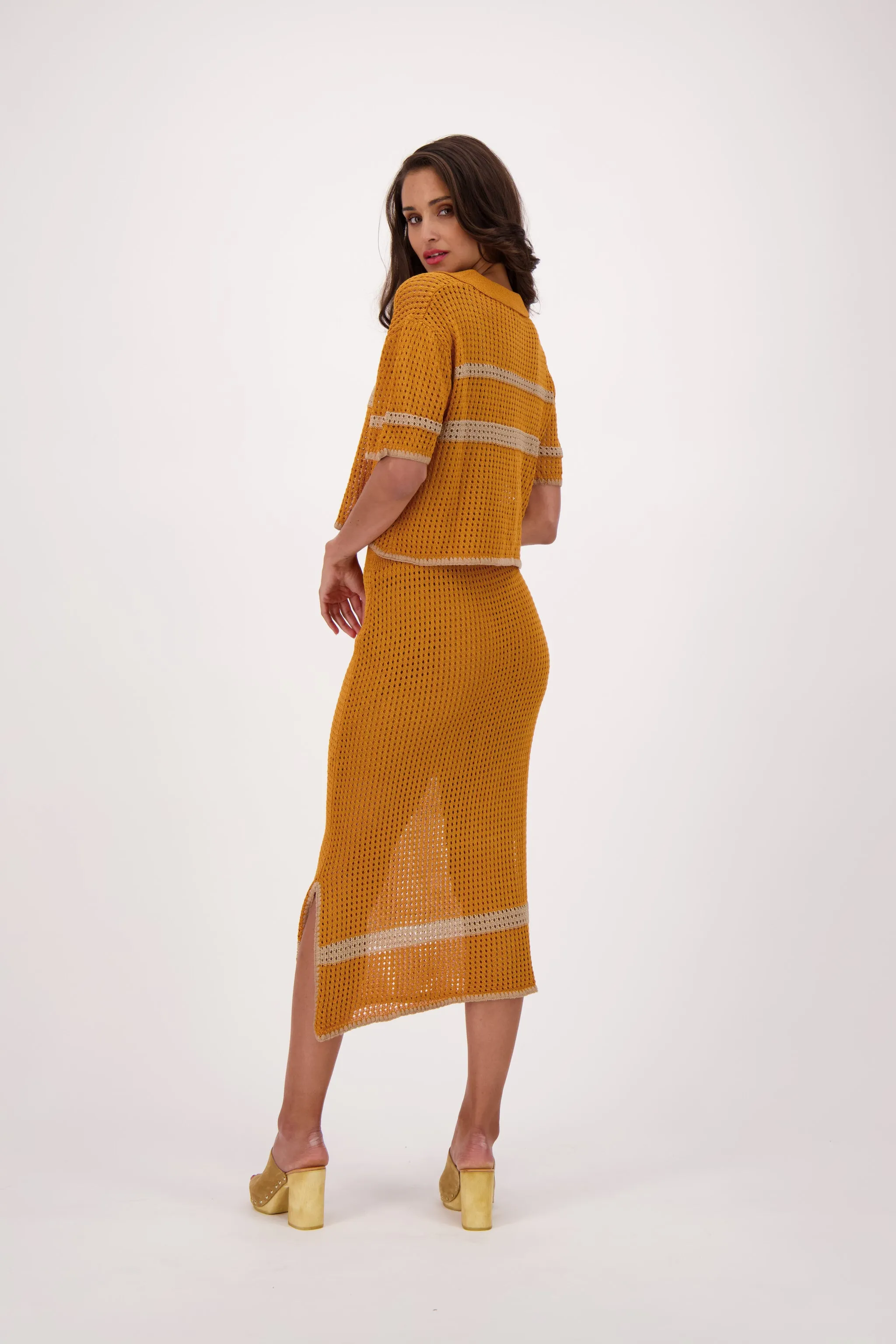 Open Mesh Knit Honeycomb Buttoned Blouse