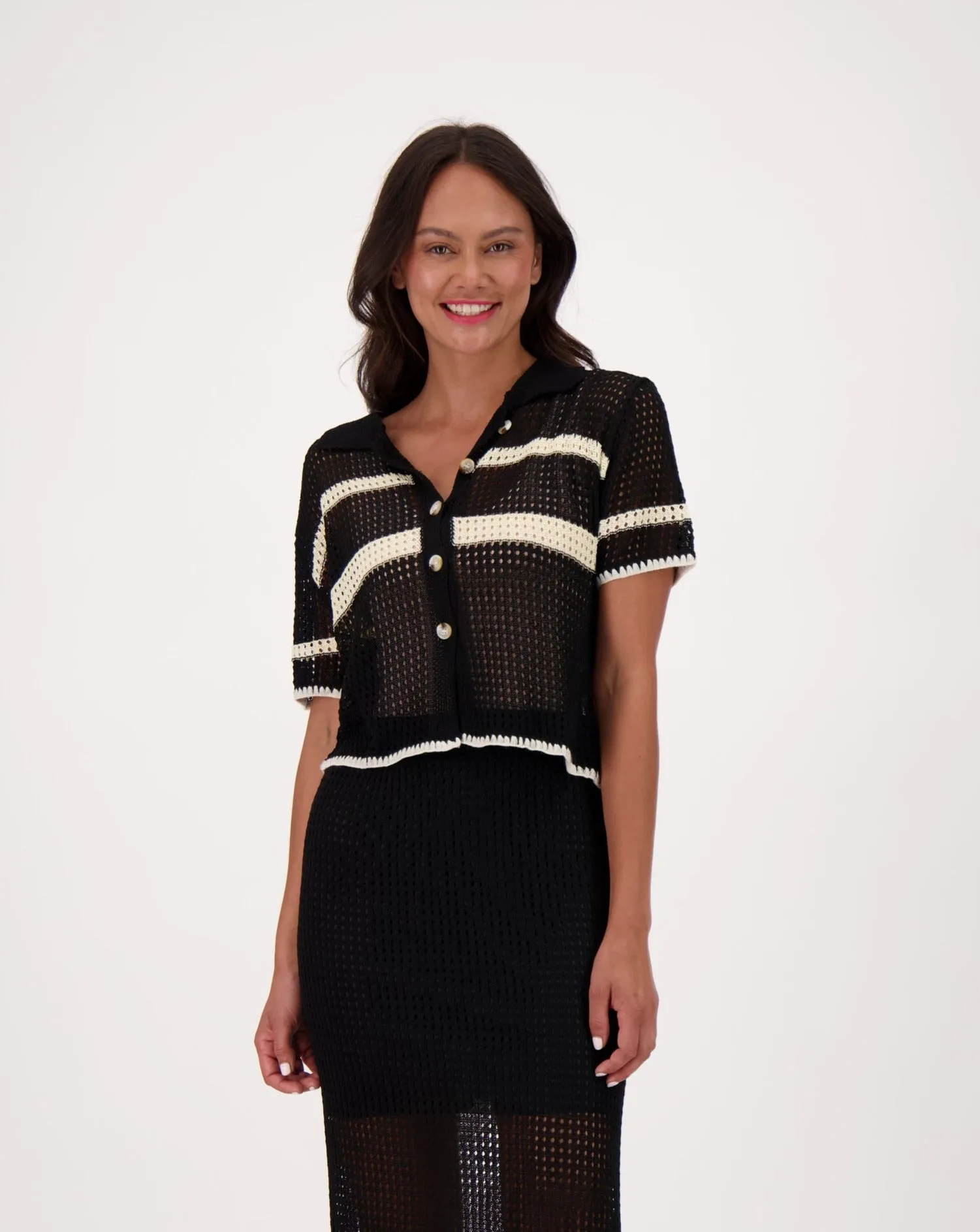 Open Mesh Knit Honeycomb Buttoned Blouse