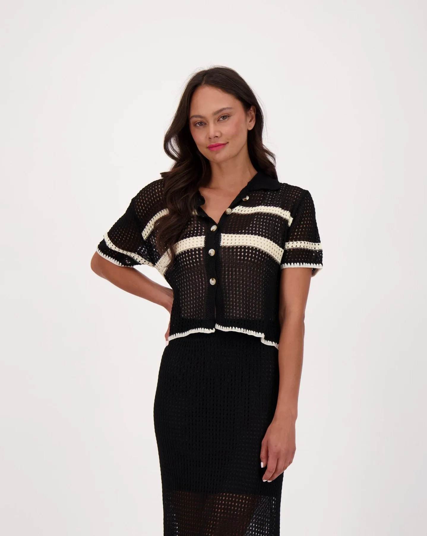 Open Mesh Knit Honeycomb Buttoned Blouse