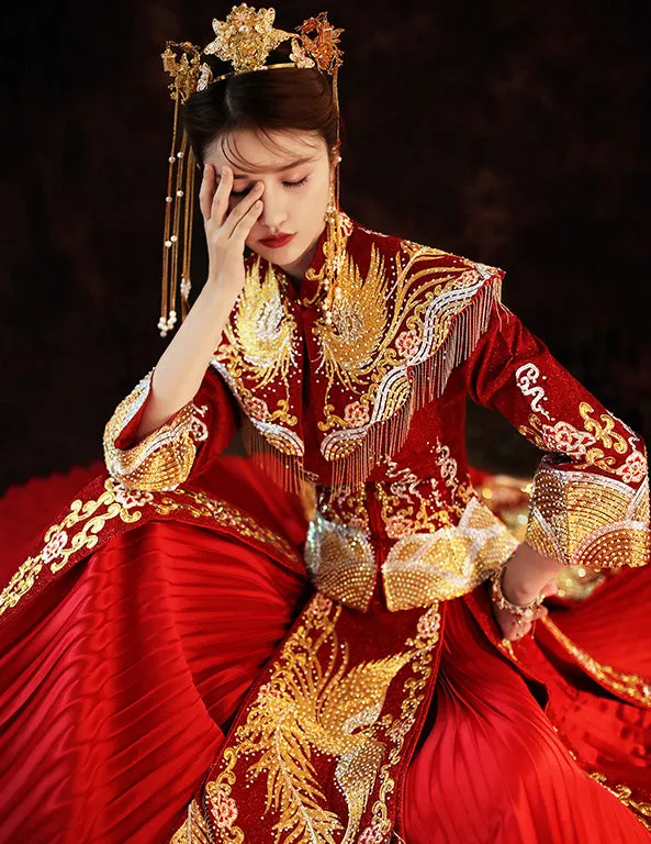 Phoenix Embroidery & Sequins Pleated Skirt Traditional Chinese Wedding Suit