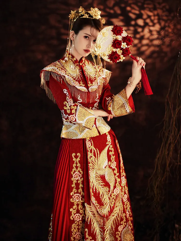 Phoenix Embroidery & Sequins Pleated Skirt Traditional Chinese Wedding Suit